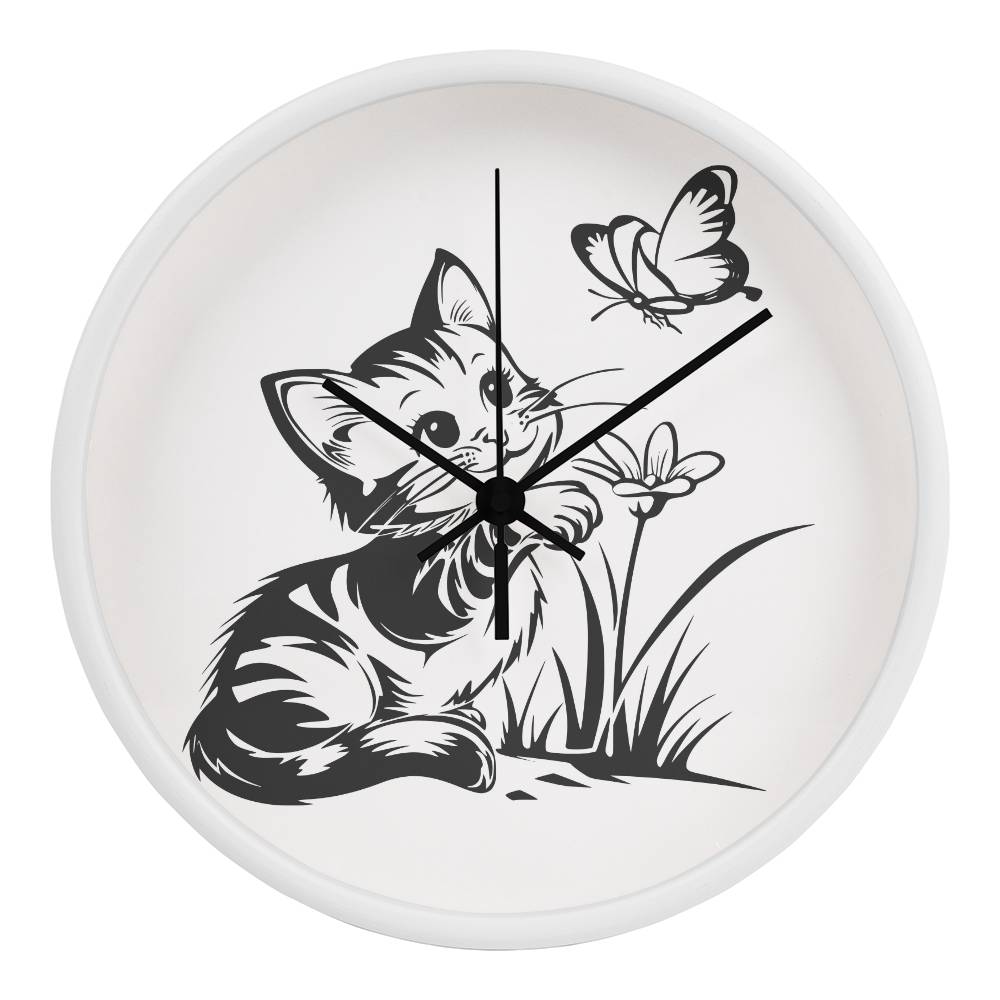 A clock featuring a line art design of a playful encounter between a curious kitten and a gentle butterfly