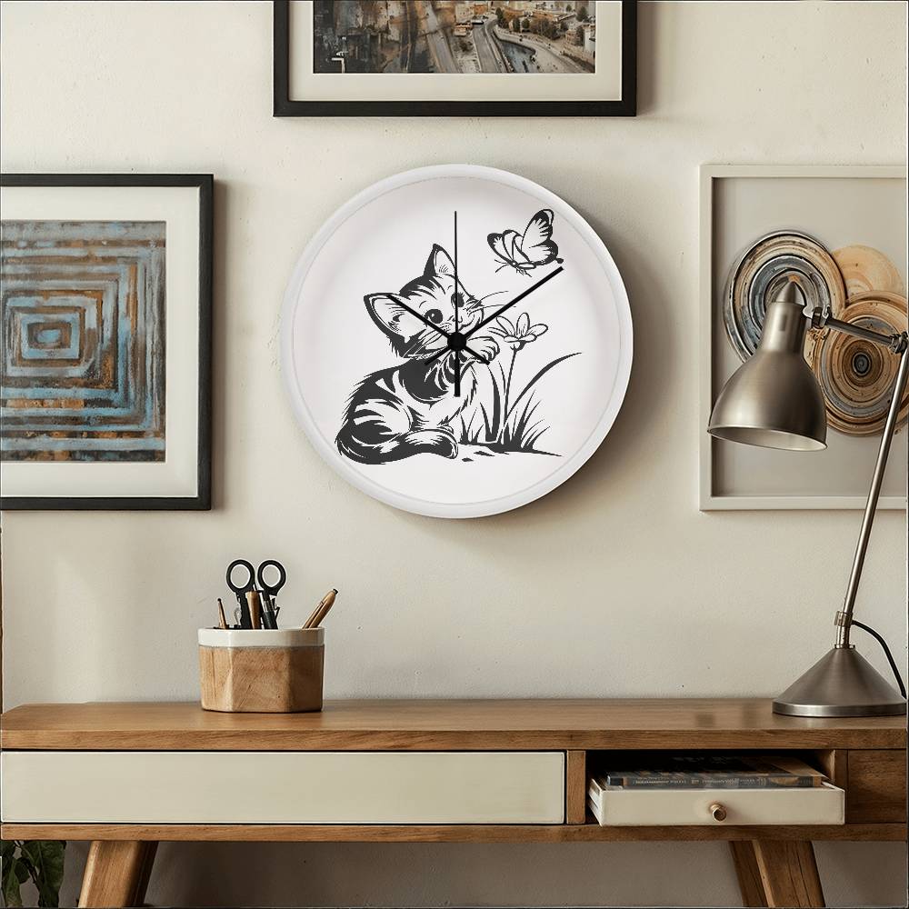 A clock featuring a line art design of a playful encounter between a curious kitten and a gentle butterfly
