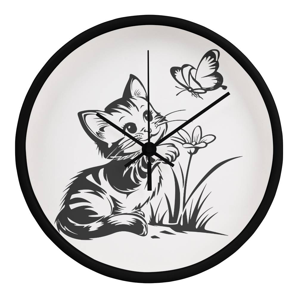 A clock featuring a line art design of a playful encounter between a curious kitten and a gentle butterfly