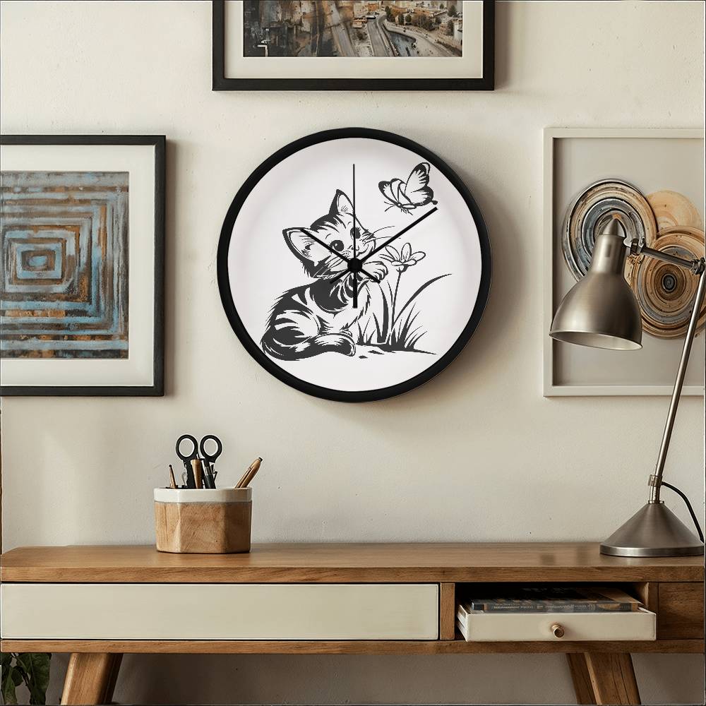 A white and black clock featuring a line art design of a playful encounter between a curious kitten and a gentle butterfly
