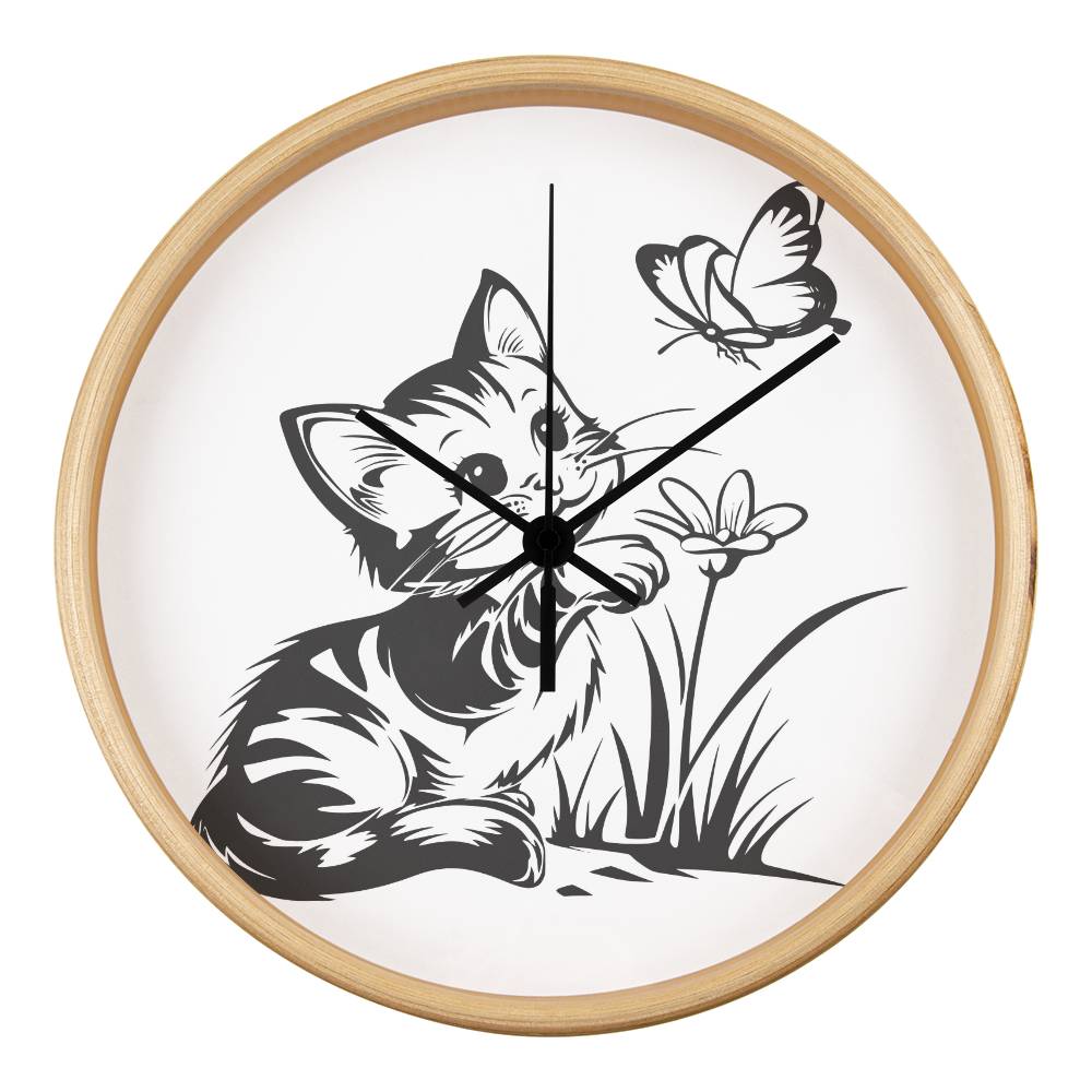 A clock featuring a line art design of a playful encounter between a curious kitten and a gentle butterfly