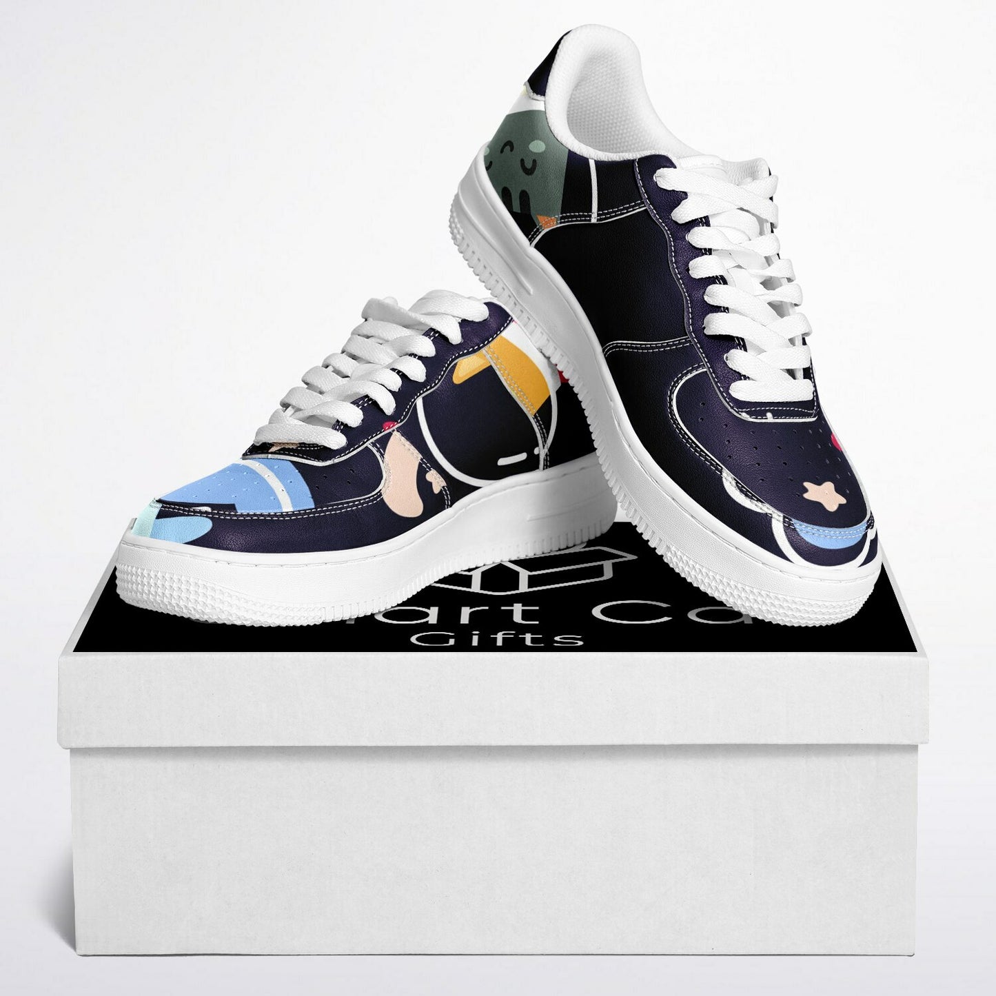 Astro Kitty sneakers displayed on box: space scene with cat in helmet, stars, and moon, on blue shoes.