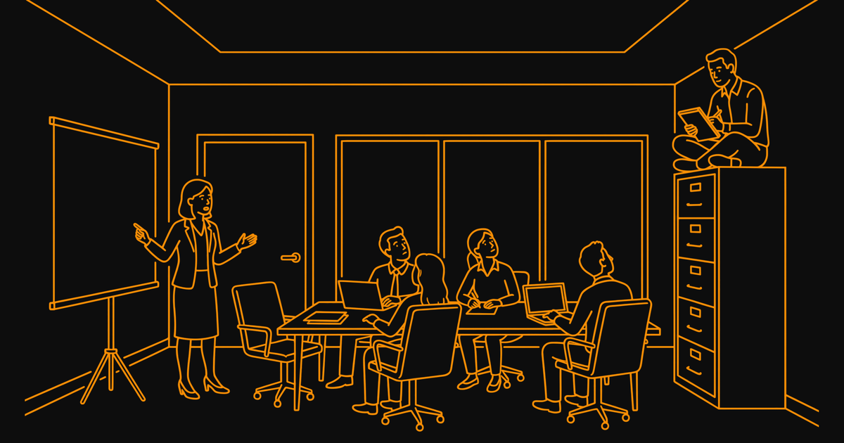 Orange line art of a man sitting cross-legged on a filing cabinet as coworkers look up mid-meeting