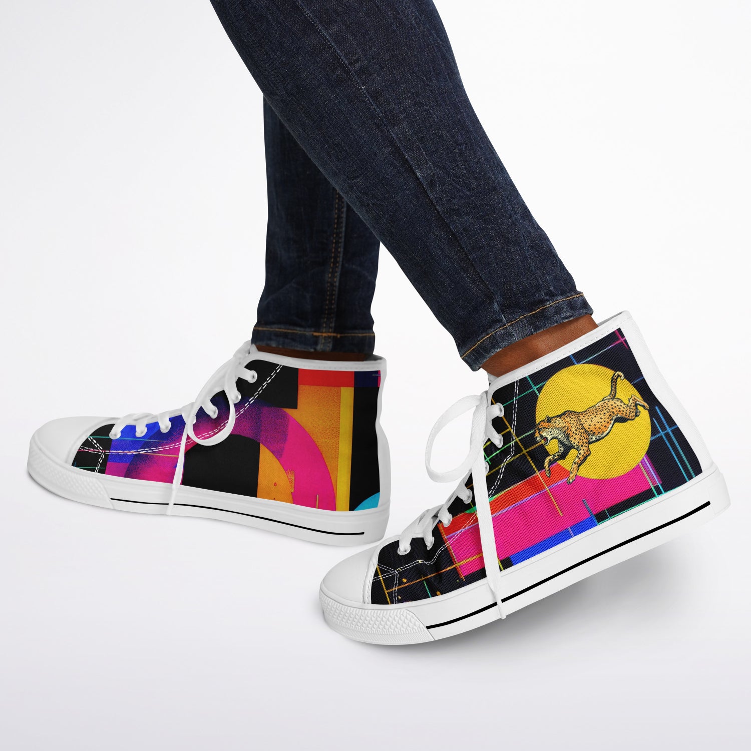Retro Cheetah high top sneakers: cheetah in mid-run, retro all-over print on black  background with yellow, red, hot pink, blue, shapes and lines.