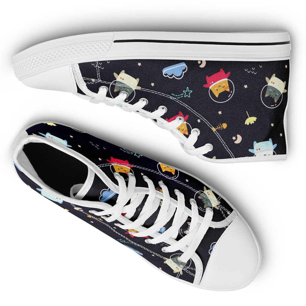 Astro Kitty sneakers: dark blue background with floating cartoon cats in space helmets, crescent moons, stars, fishbones, and flowers pattern.