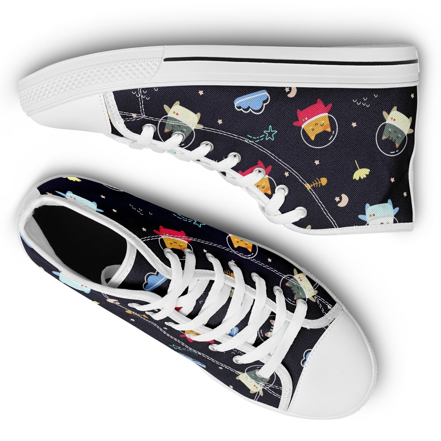 Astro Kitty sneakers: dark blue background with floating cartoon cats in space helmets, crescent moons, stars, fishbones, and flowers pattern.