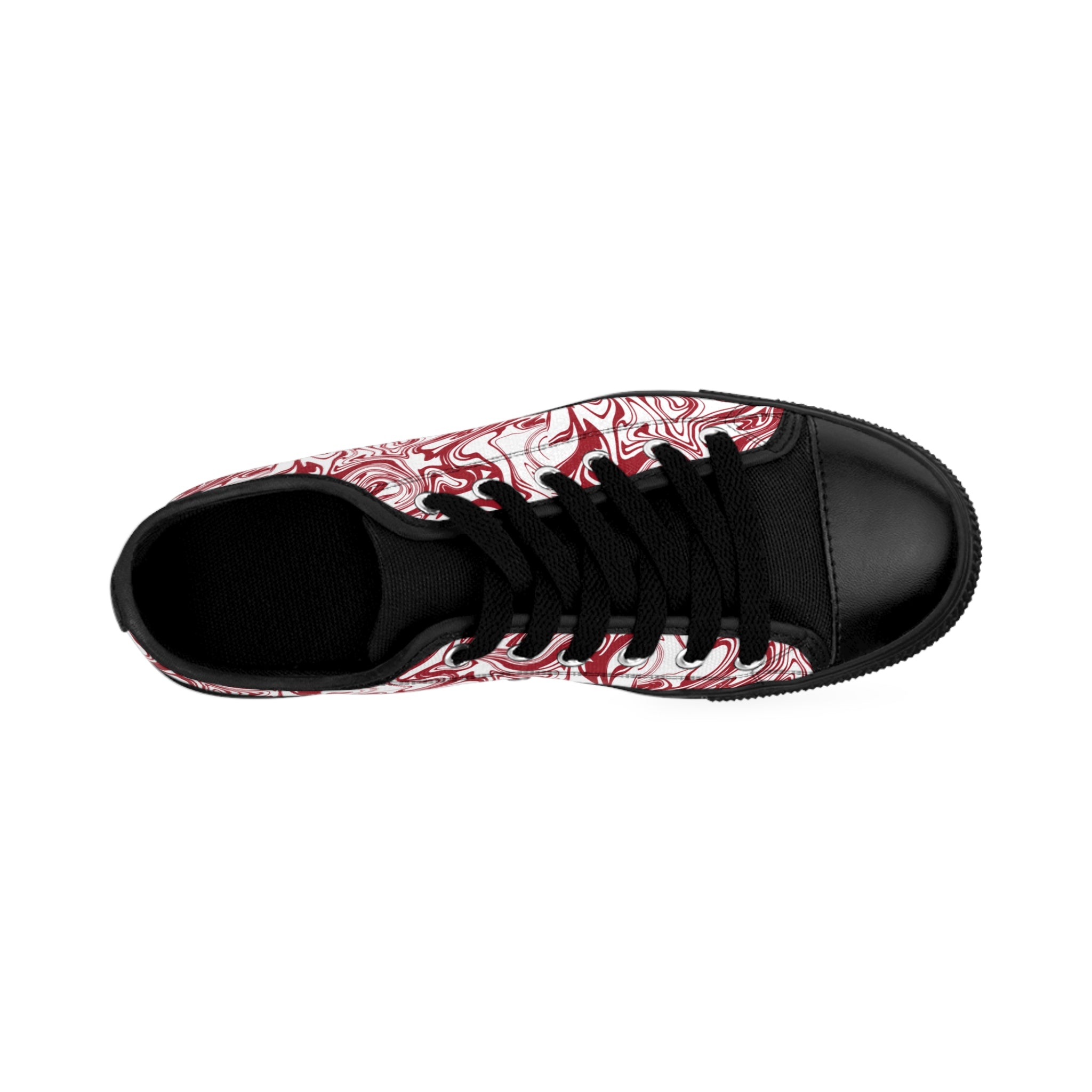Top view of the Candy Swirl women's sneakers: white with red swirl all-over print, two black paw prints on heel.