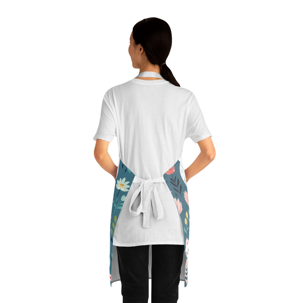 Back view of a model wearing a colorful apron with cat and floral design