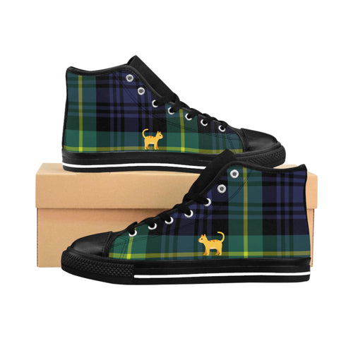 Women's Alley Cat Kicks high top sneakers: green, black, yellow plaid all-over print, yellow cat graphic on side.