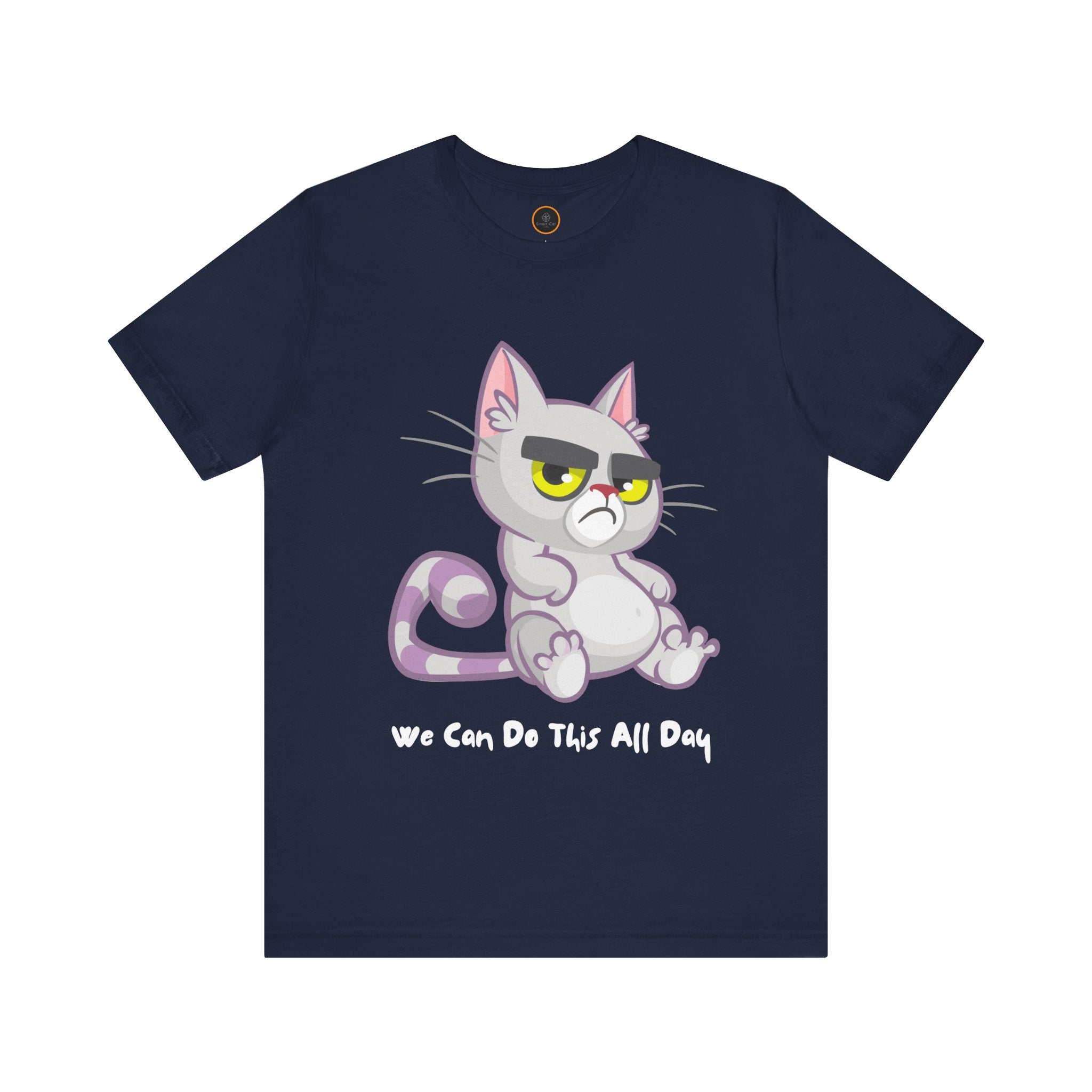 Graphic of a light purple, grumpy cat with big eyes and bushy eyebrows. The text below reads "We can do this all day" .