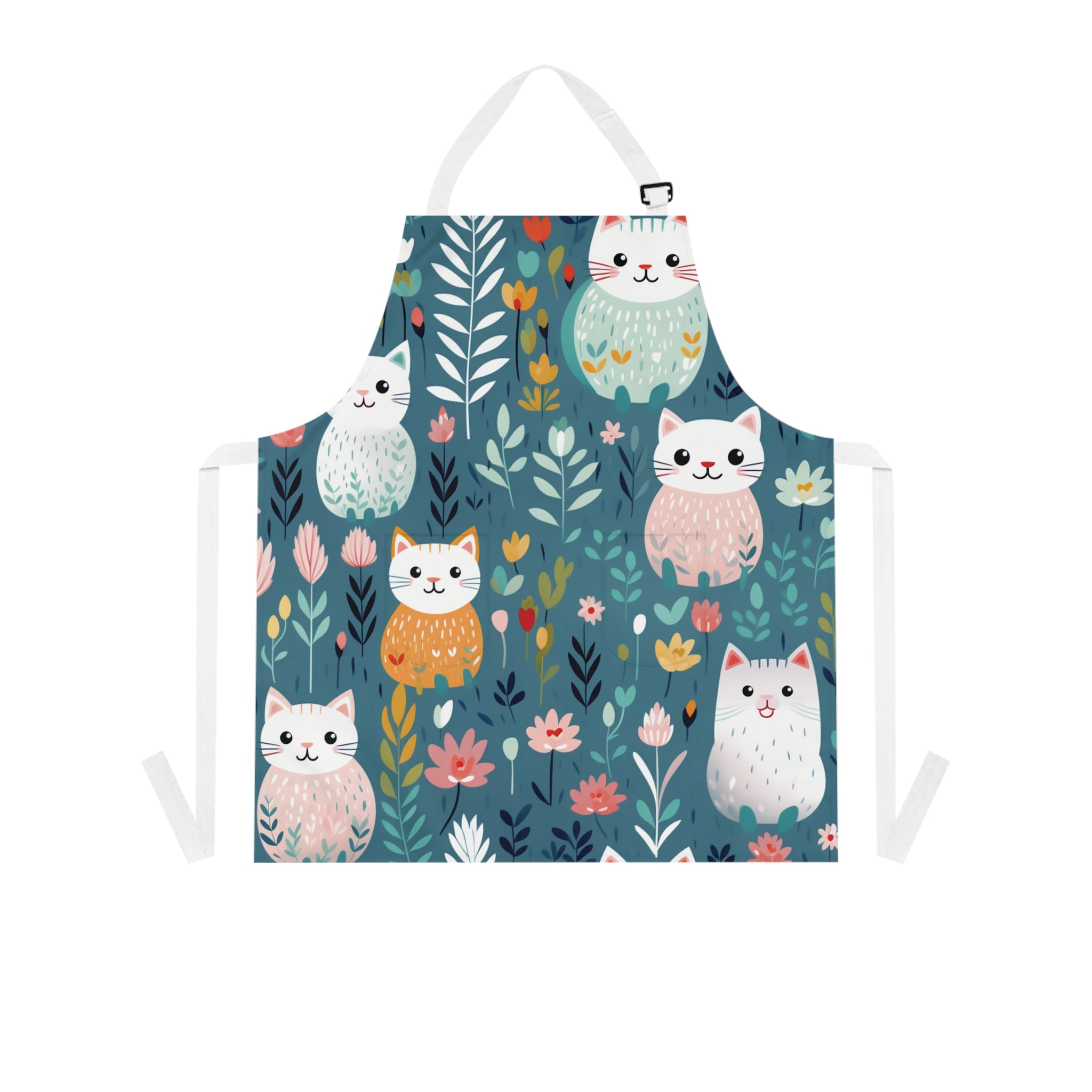 Colorful apron with cat and floral pattern