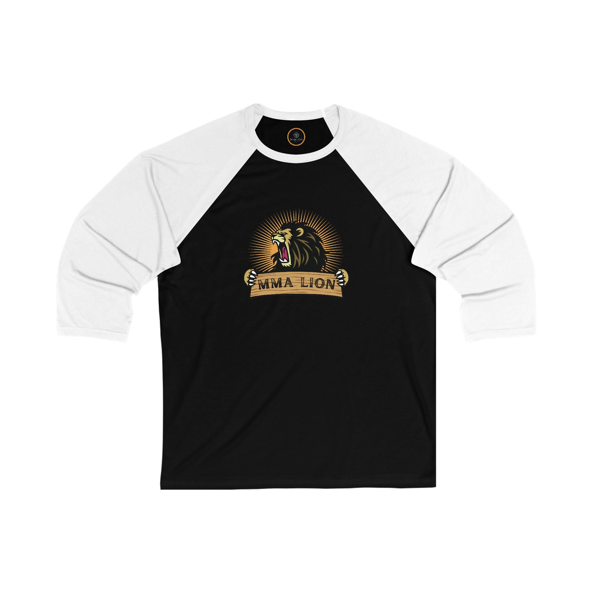 MMA Lion Baseball Tee: Features a graphic of a powerful, radiant, male lion roaring while appearing to stretch a wooden plank with "MMA Lion" written on it.