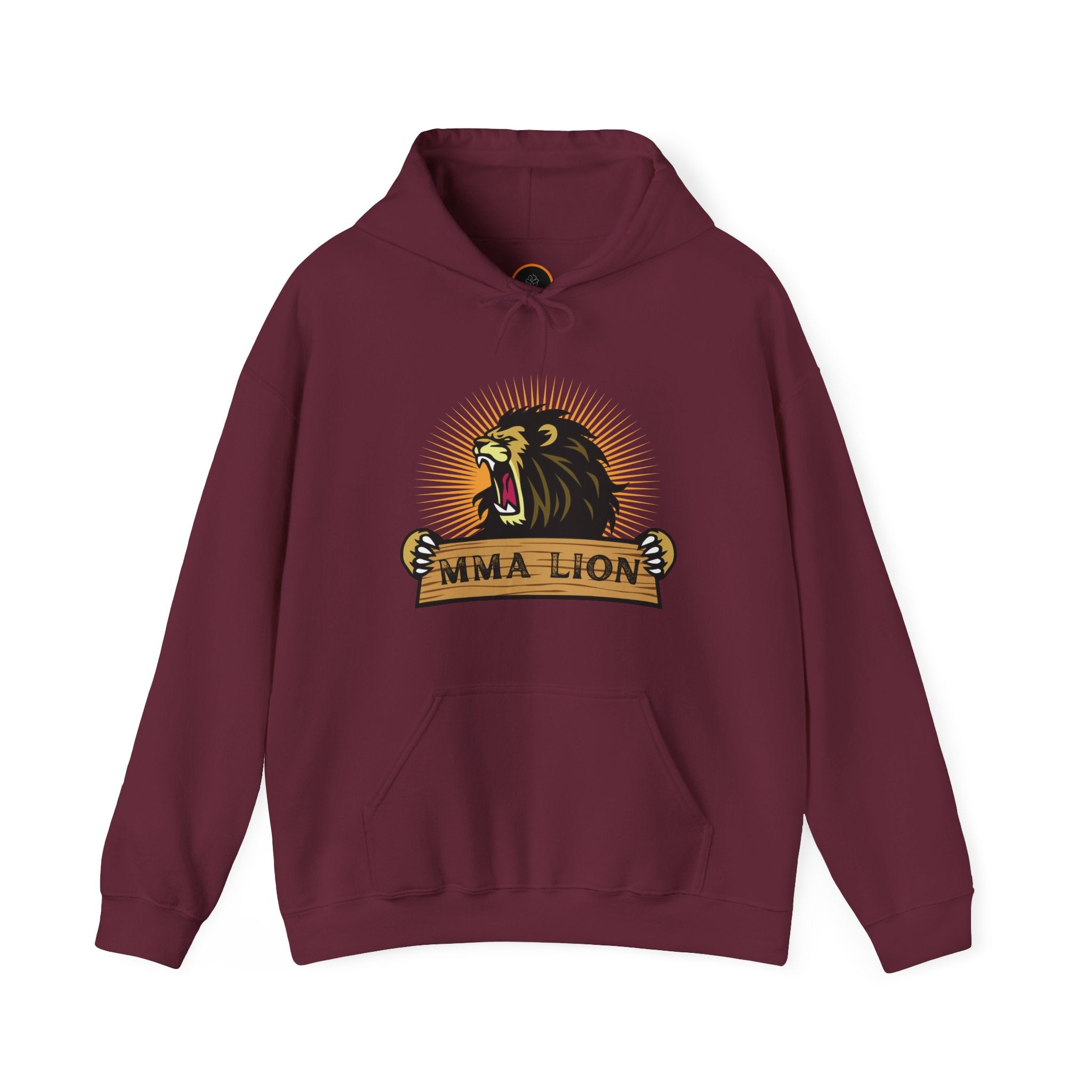 Maroon MMA Lion Hoodie: Features a graphic of a powerful, radiant, male lion  roaring while appearing to stretch a wooden plank with "MMA Lion" written on it.