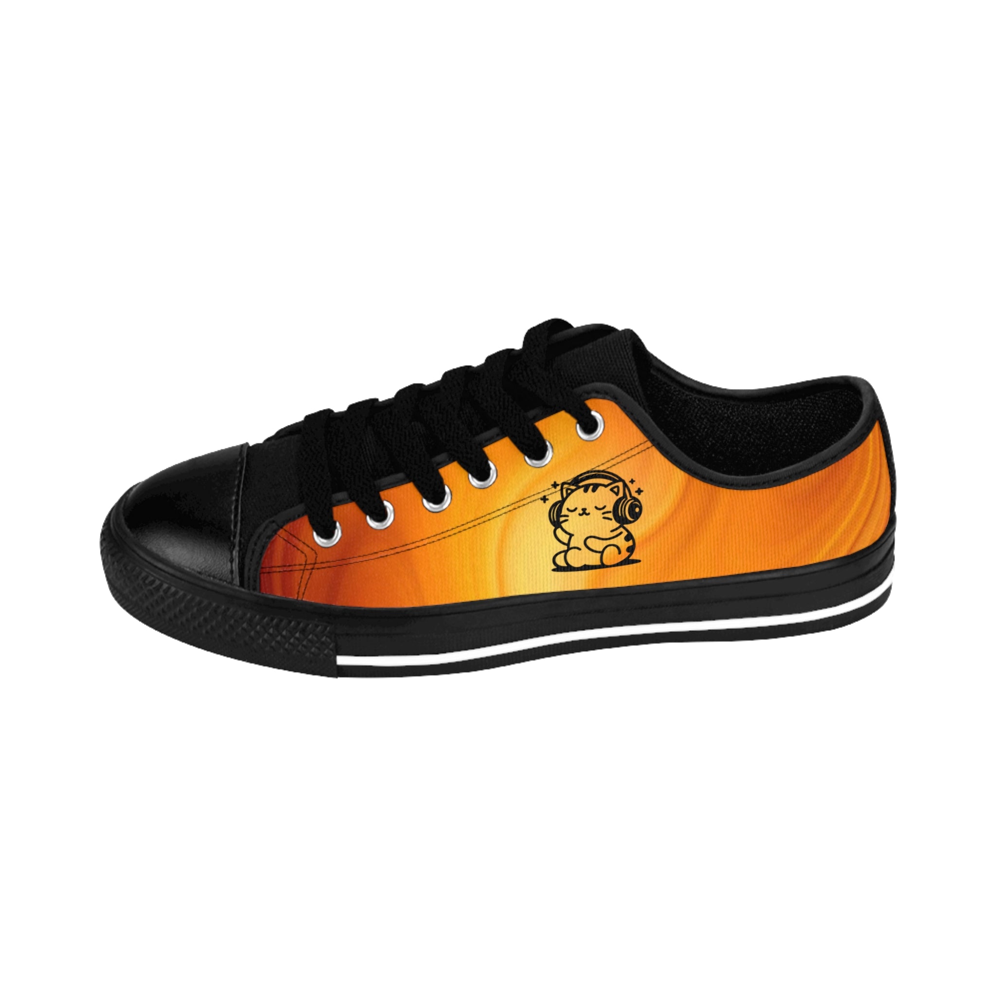 Sunburst Vibes women's sneakers: swirling orange all-over print, line art of cat with headphones.