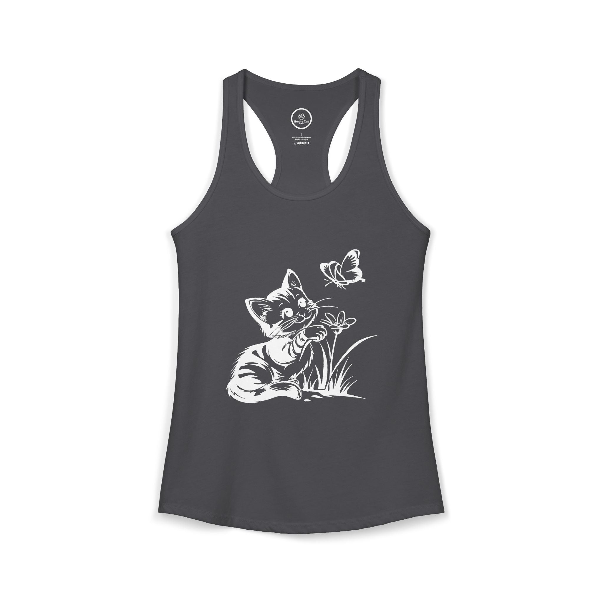 Gray Butterfly Kitty Women's Racerback Tank Top — white line art kitten reaching for a butterfly.