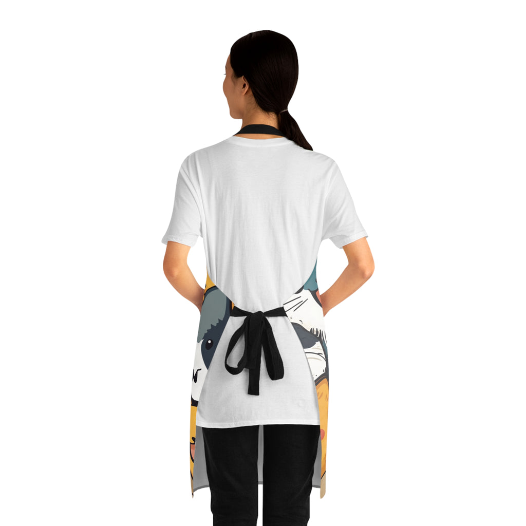 Back view of a woman wearing an apron with colorful designs