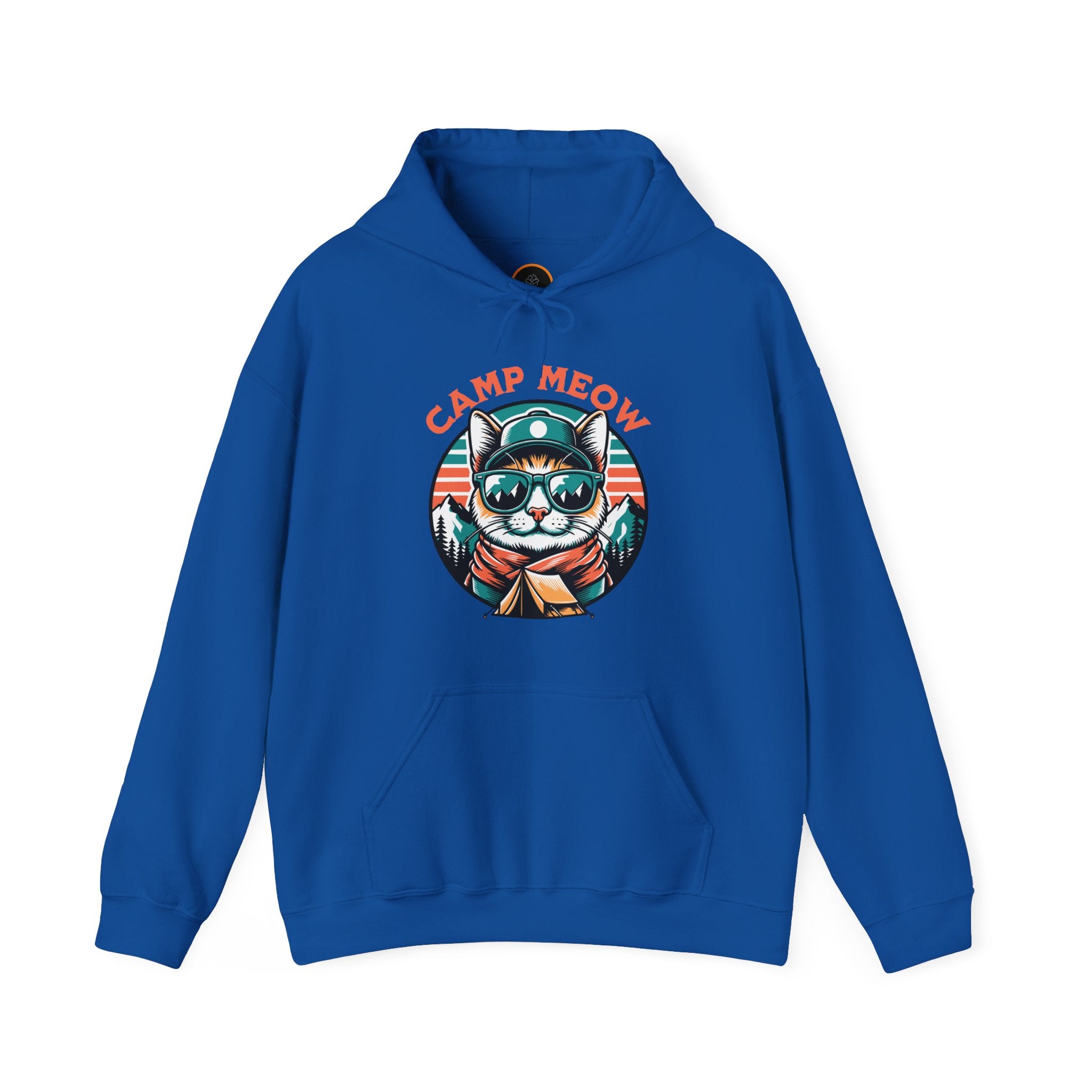 Camp Meow Royal Blue Hoodie: Retro illustration of a cat wearing sunglasses and a scout uniform, standing in front of a mountain landscape.