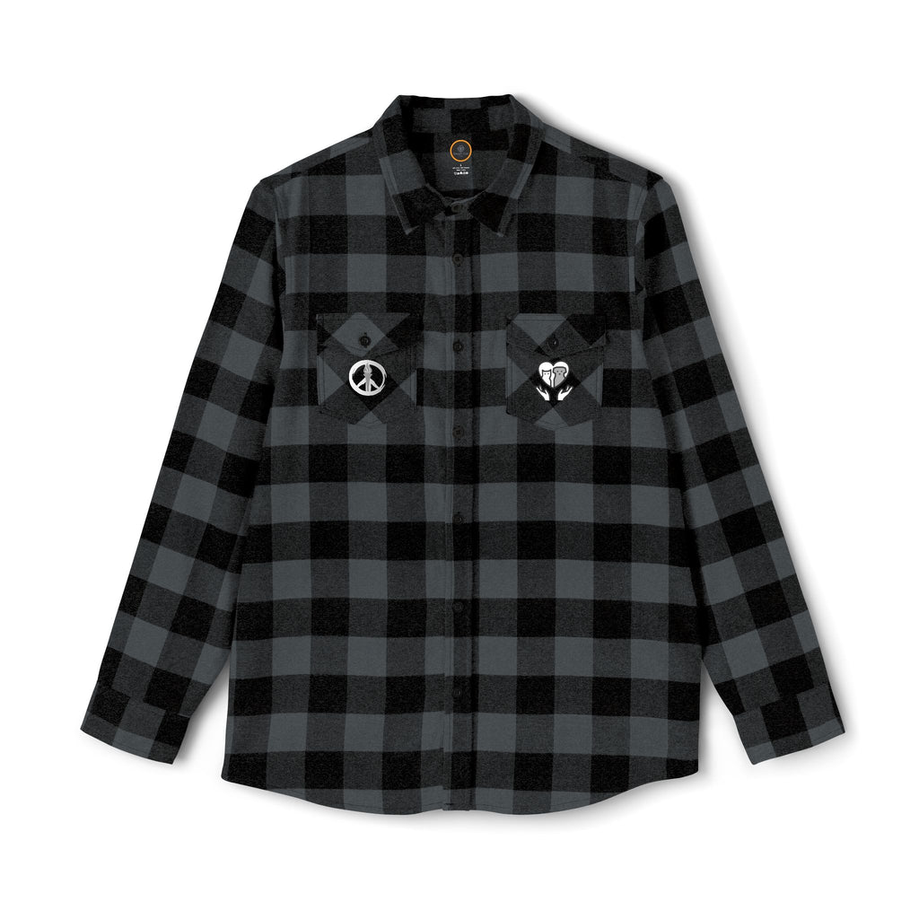 Front view of the 'Peace, Love, Rescue' Flannel Shirt. Left pocket features a graphic of a heart with two hands holding a cat and a dog. The right pocket features a peace sign.