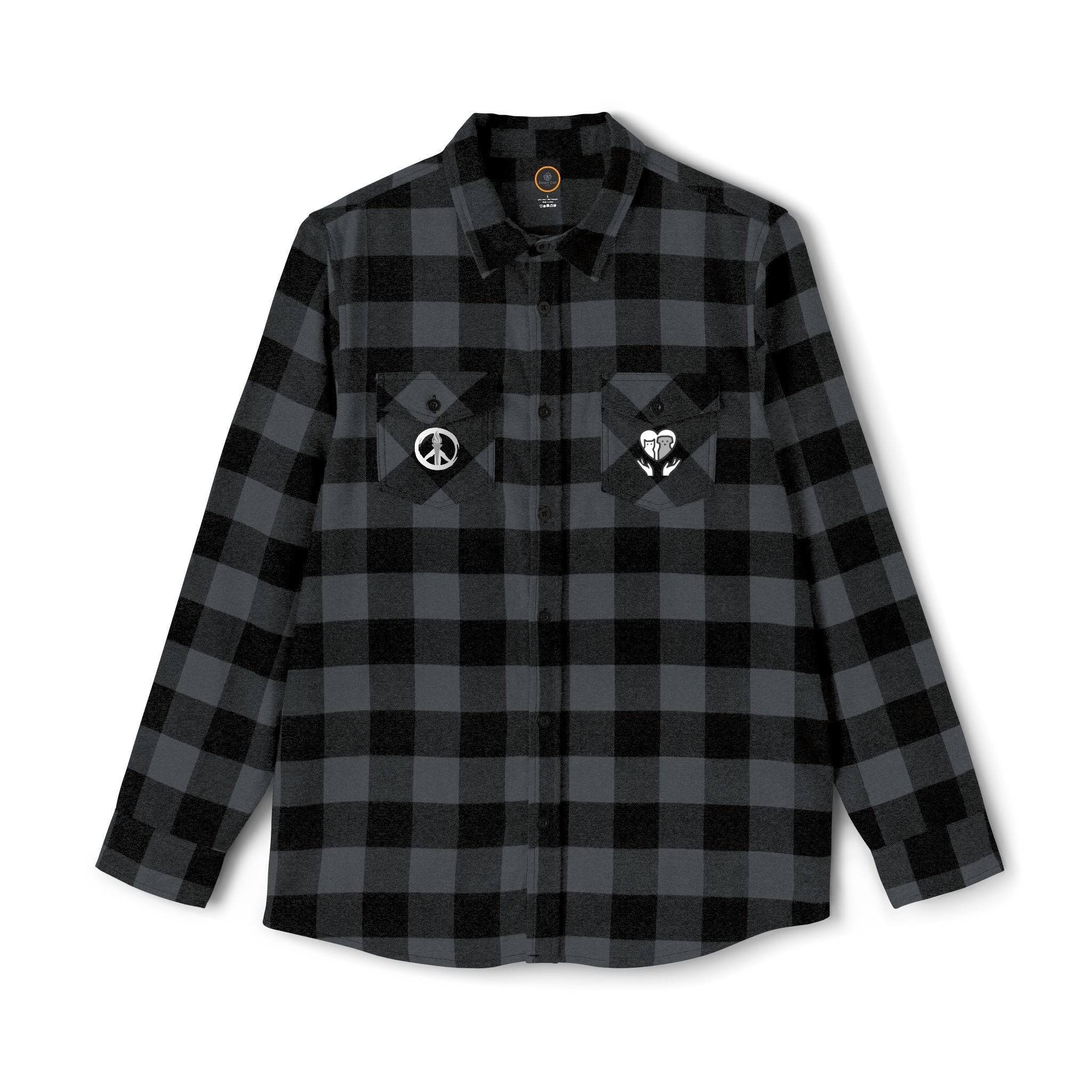 Front view of the 'Peace, Love, Rescue' Flannel Shirt. Left pocket features a graphic of a heart with two hands holding a cat and a dog. The right pocket features a peace sign.