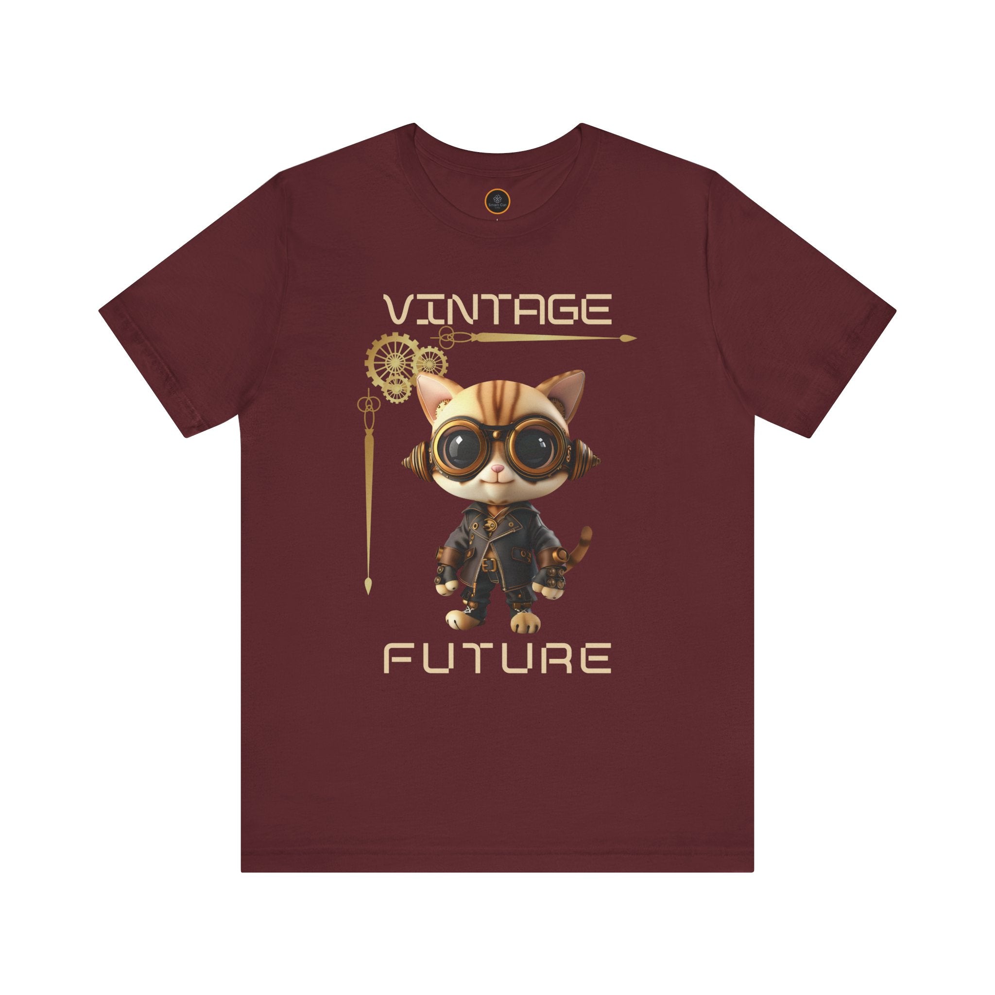 A graphic of a steampunk cat with goggles, half-framed by a border of gears. The word "Vintage" is written above the graphic, and "Future" is written below it.
