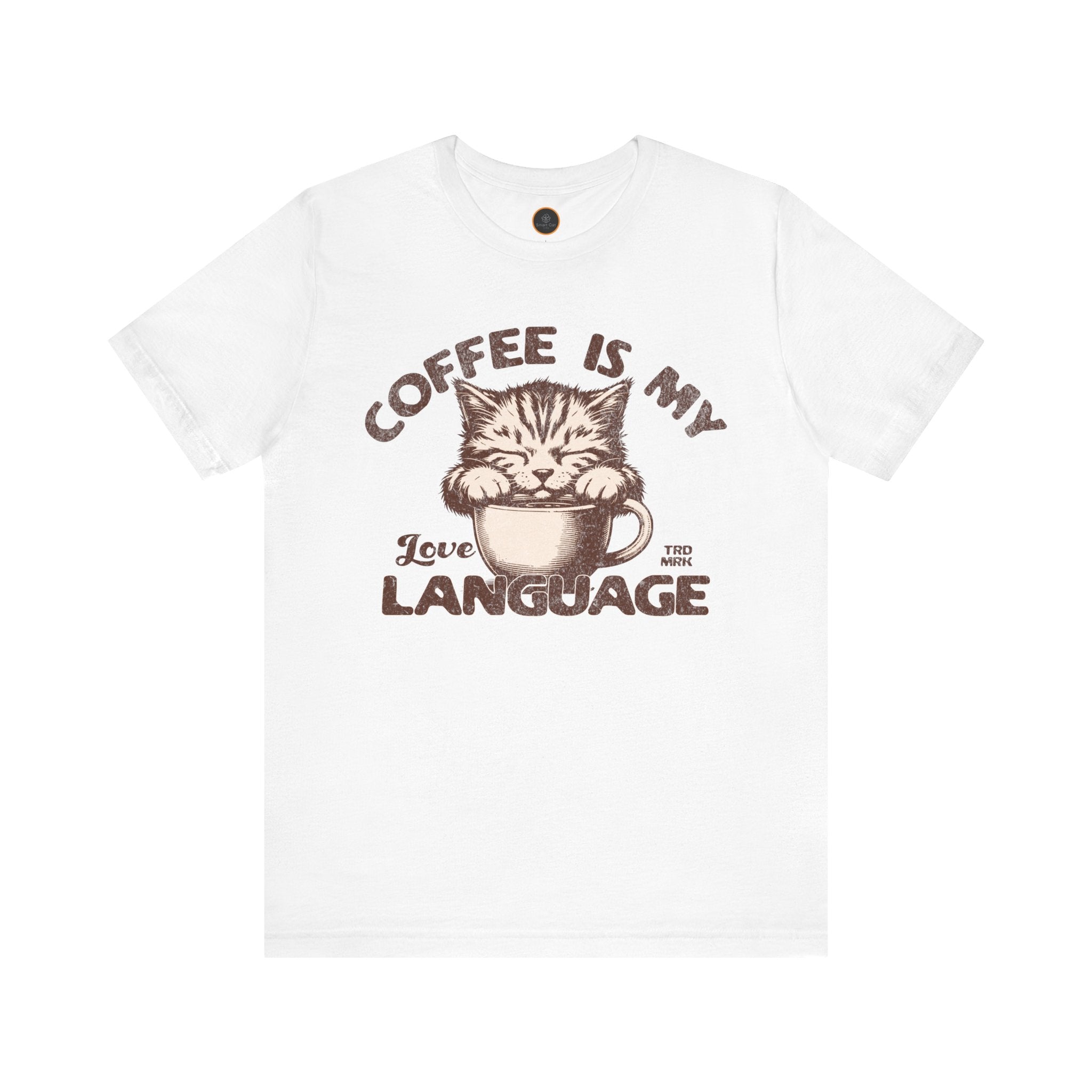 A  crew neck t-shirt with the text 'COFFEE IS MY LANGUAGE' and a graphic of a cat.