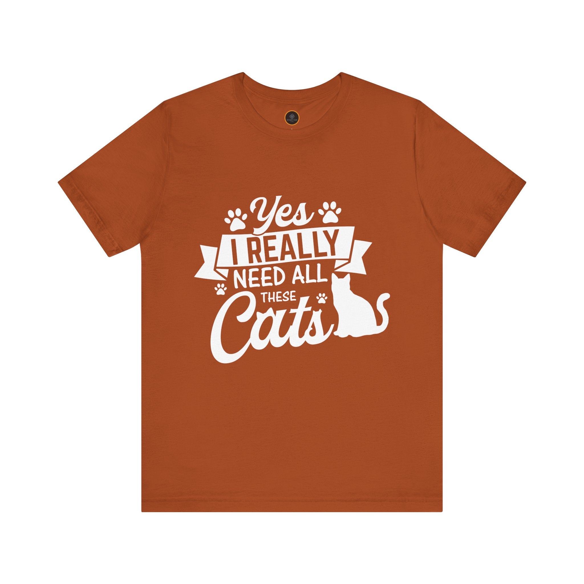  Crew neck t-shirt with a cat graphic, paw graphics and the text 'Yes I Really Need All These Cats' printed on the front.