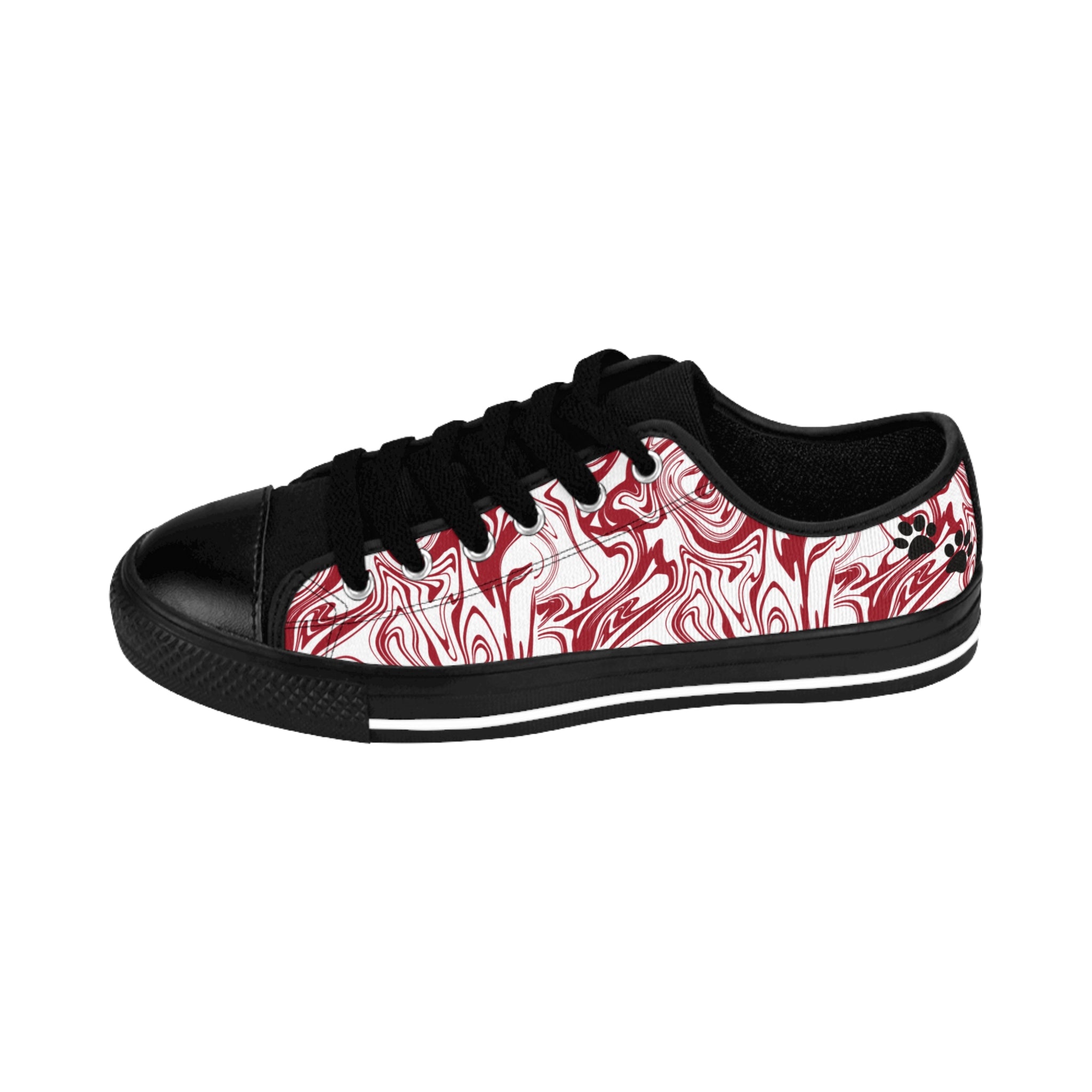 Candy Swirl women's sneakers: white with red swirl all-over print, two black paw prints on heel.
