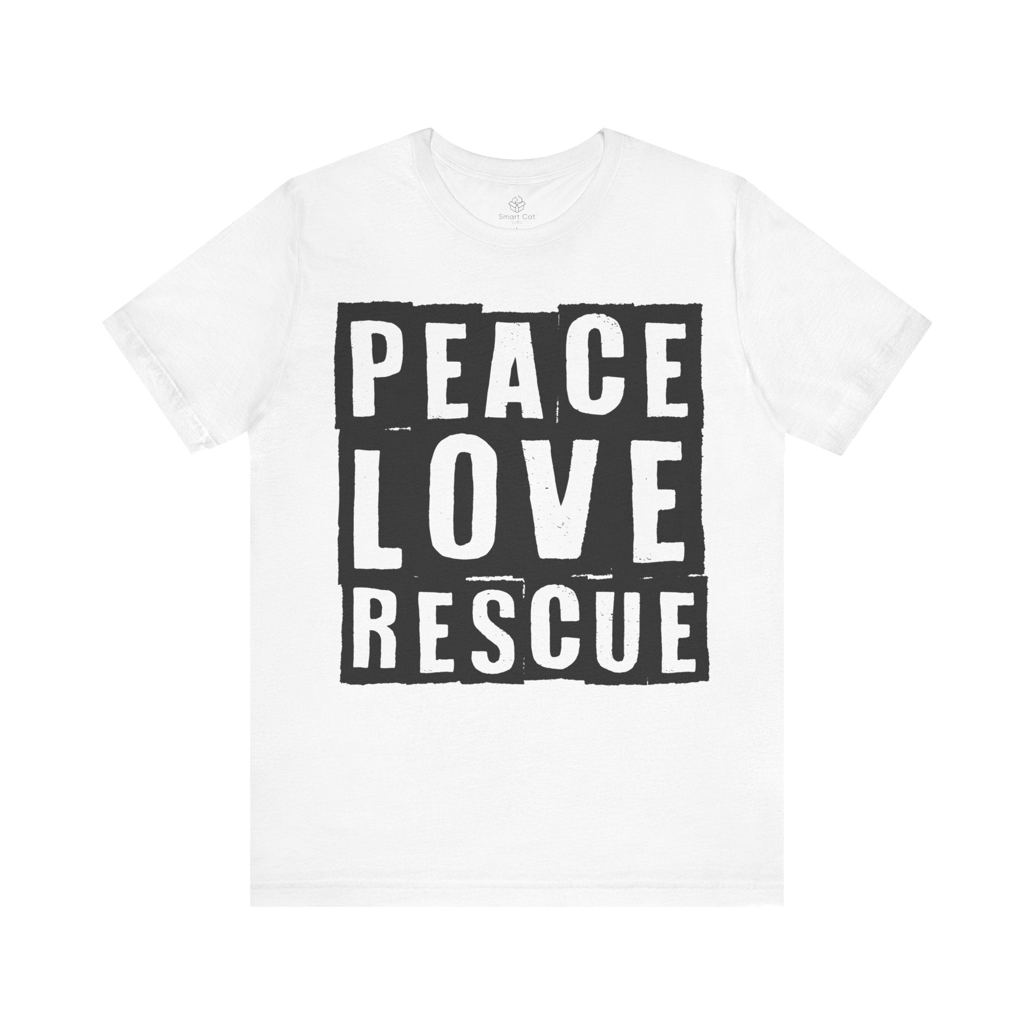 A white crew neck t-shirt with the text 'PEACE LOVE RESCUE' on it.
