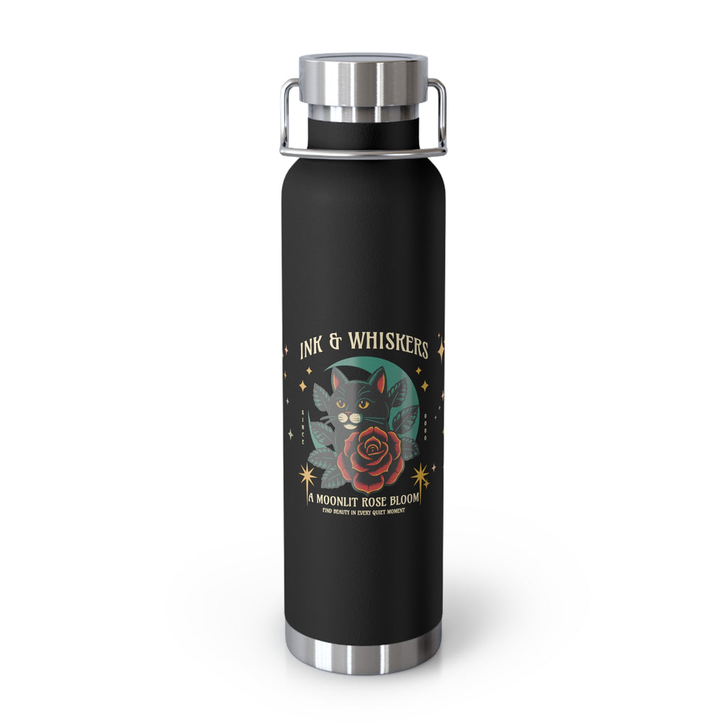 Black water bottle with cat and rose design, featuring the text 'Ink & Whiskers'.