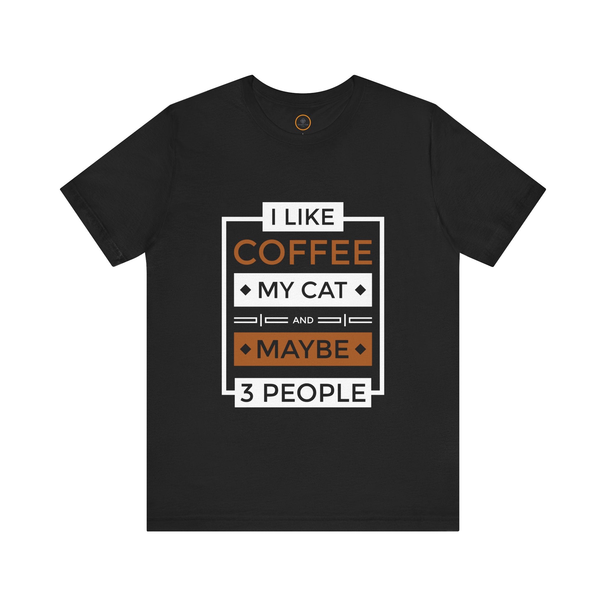 Black t-shirt with a text graphic on the front that reads "I like coffee my cat and maybe 3 people."