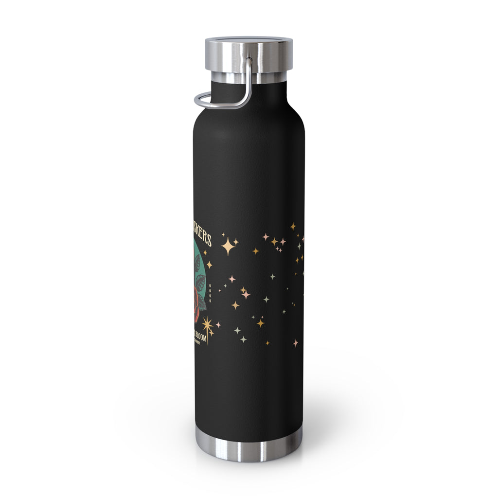 Sideview of a black water bottle with a star pattern design.