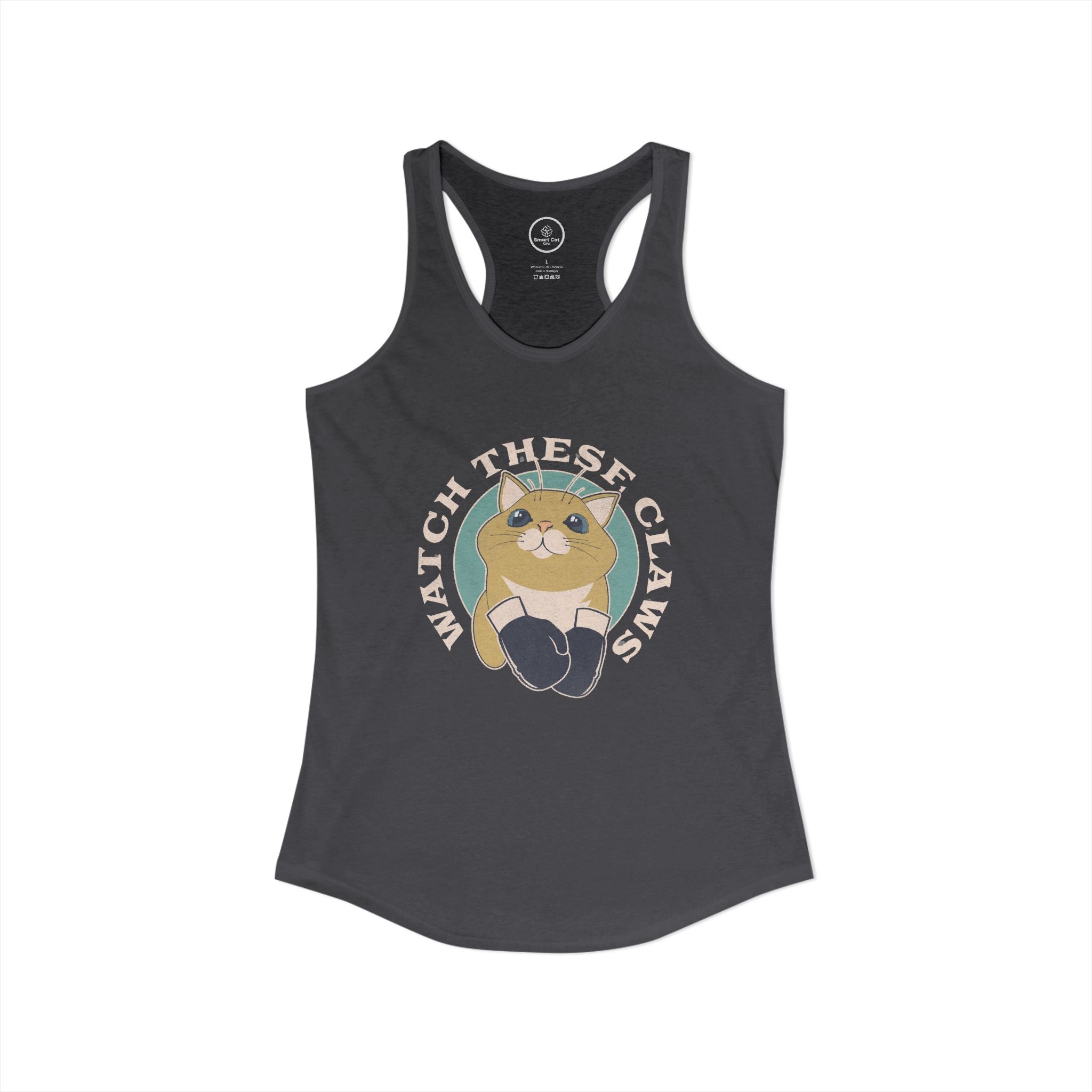 Gray tank top with a cat graphic and 'Watch These Claws' text. 