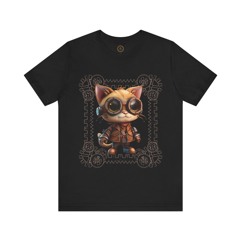 A black crew neck t-shirt with a graphic print of a steampunk-style cat with gears and wheels.