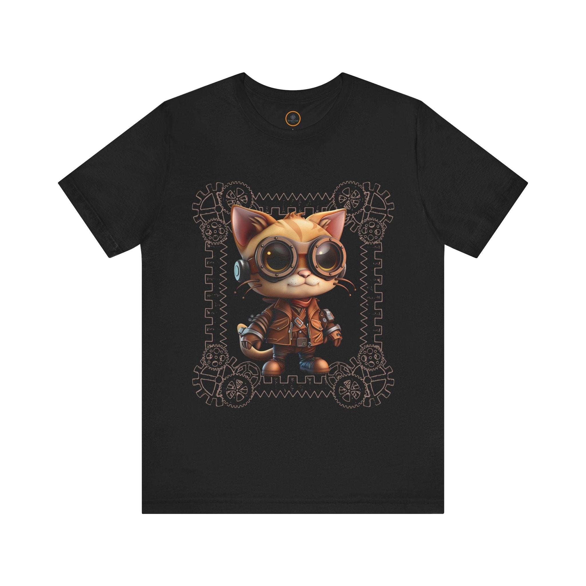 A black crew neck t-shirt with a graphic print of a steampunk-style cat with gears and wheels.