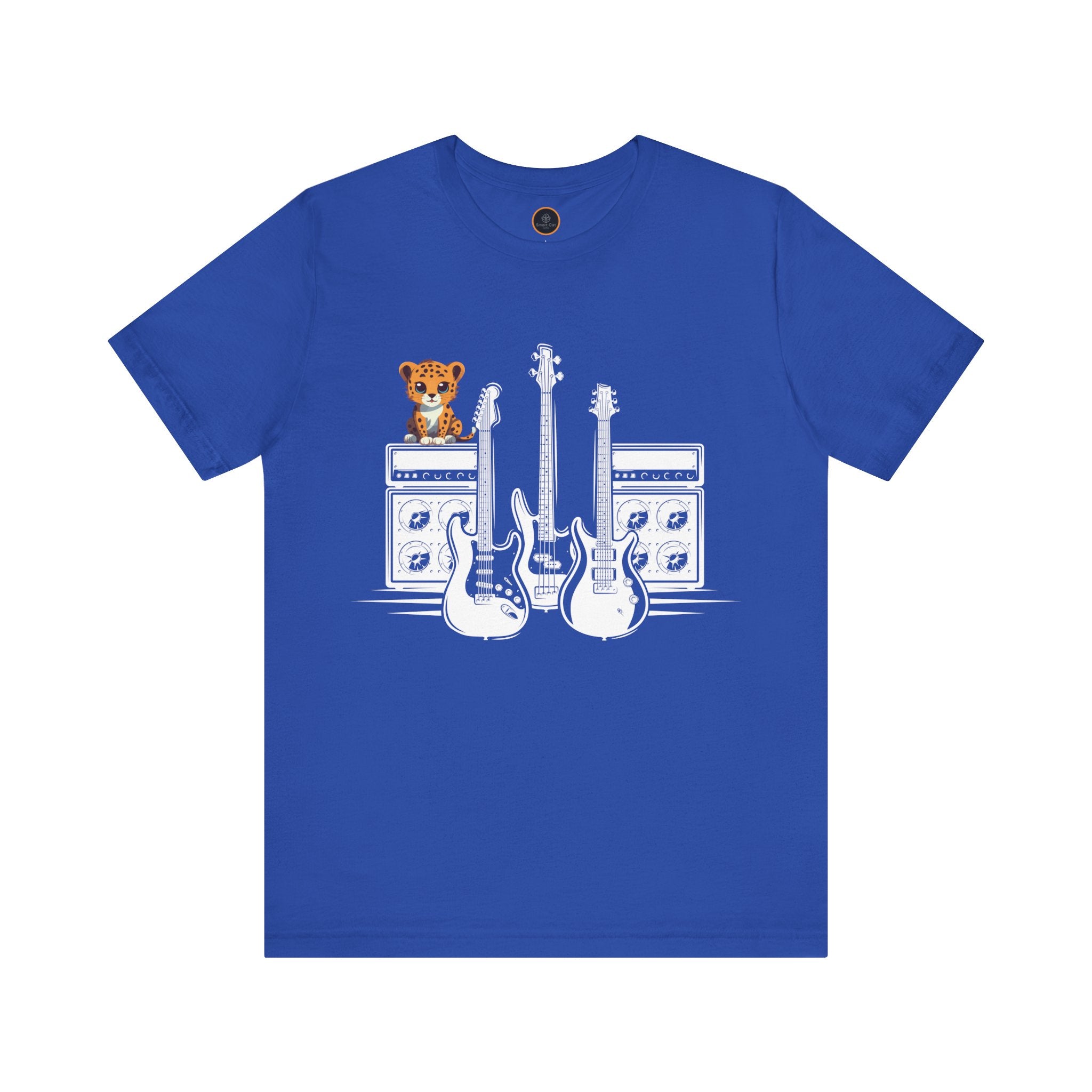 Cute baby leopard sitting on guitar amps with guitars - Riff Master music lover t-shirt design