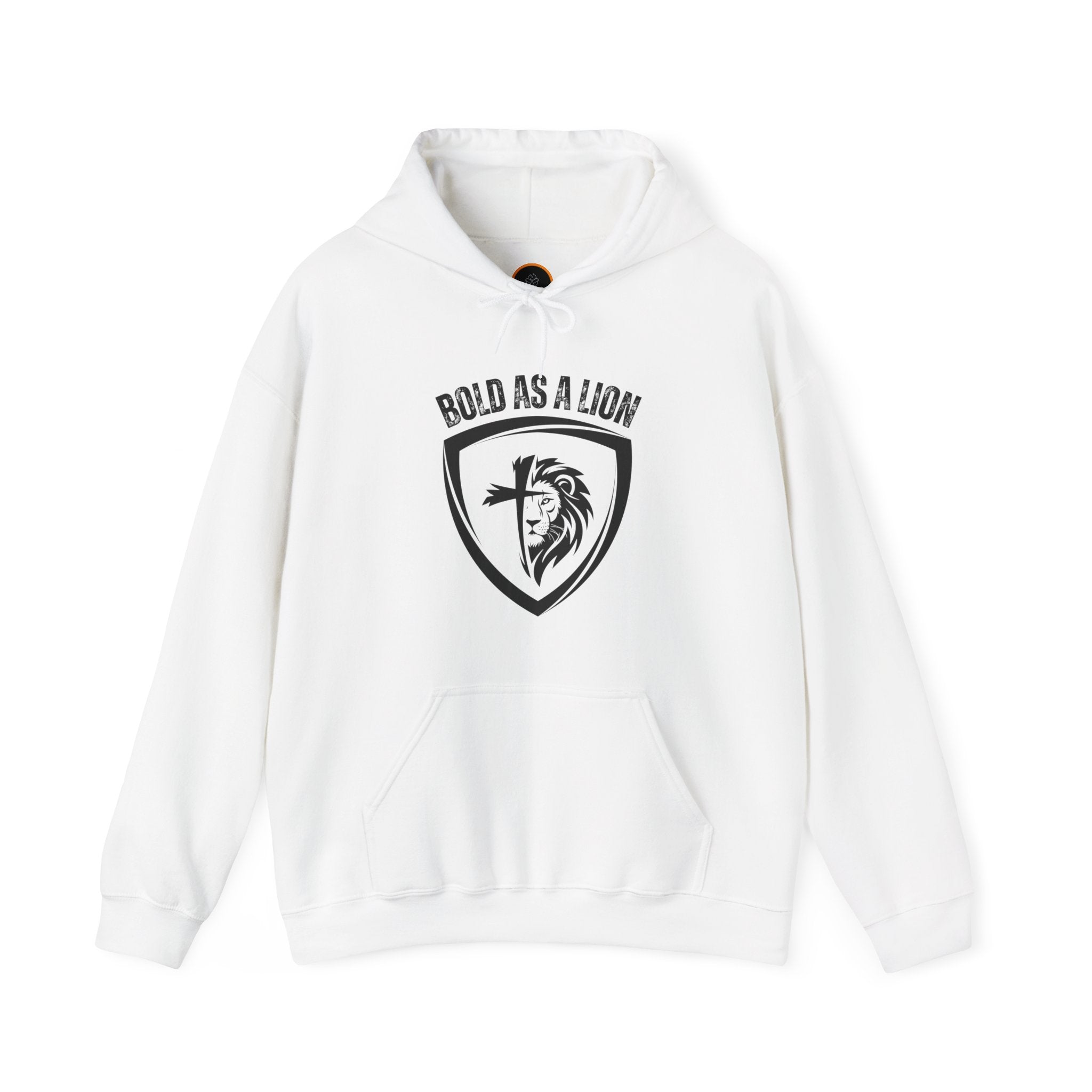  Bold As A Lion Hoodie: The hoodie features a graphic with half of a lion's face merging into half of a cross within a shield outline. The text "bold as a lion" is printed above the graphic.