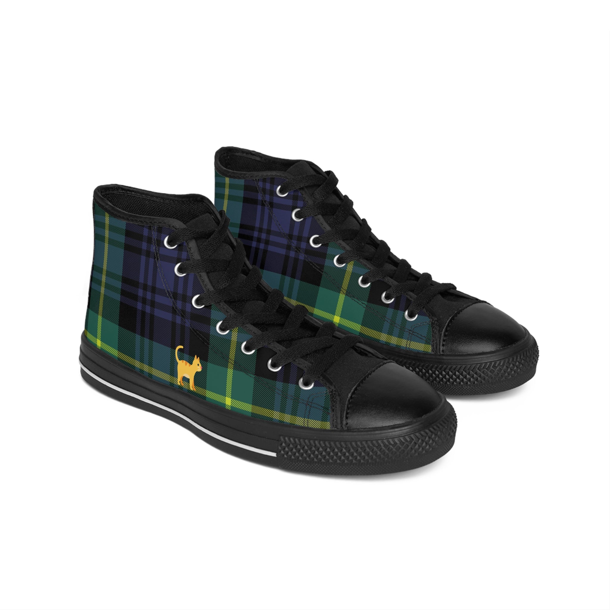 Women's Alley Cat Kicks high top sneakers: green, black, yellow plaid all-over print, yellow cat graphic on side.