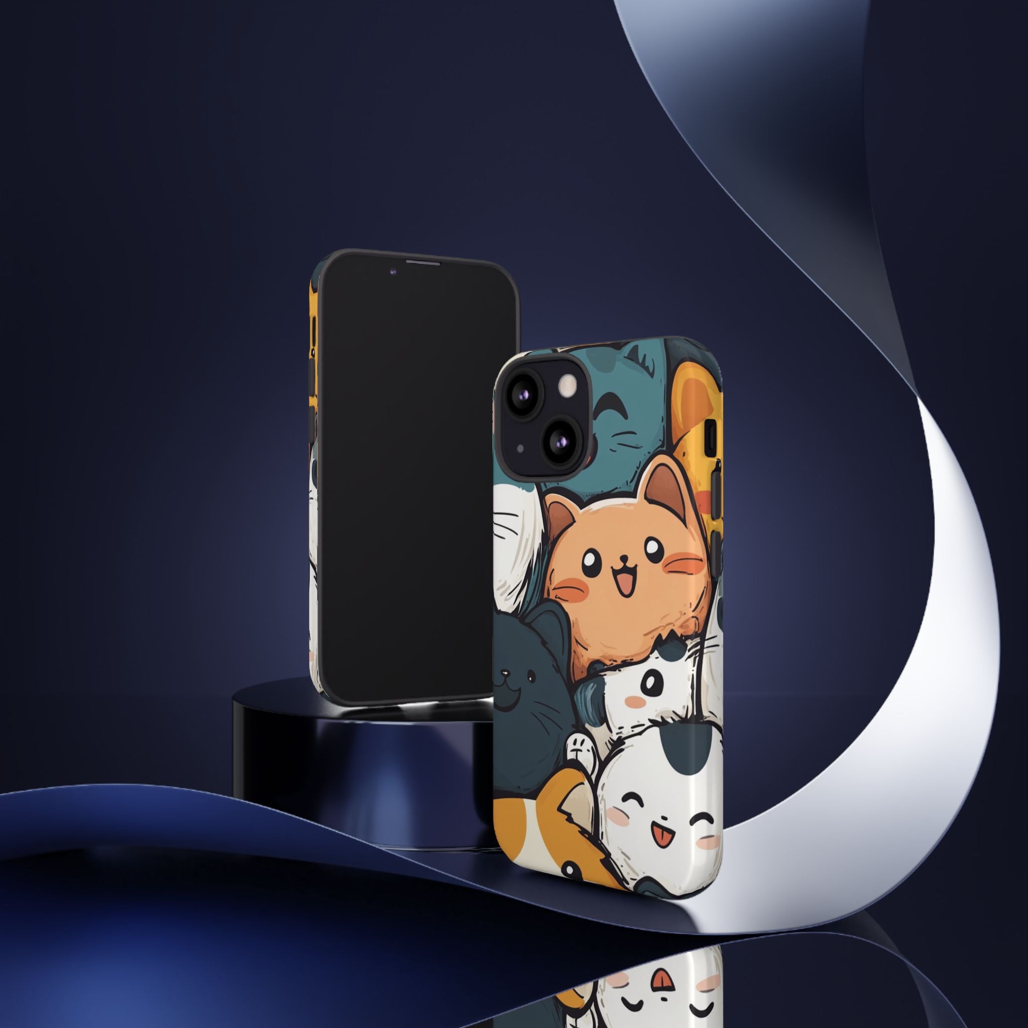 Multi-colored phone case with clustered, smiling Kawaii-style cat faces.