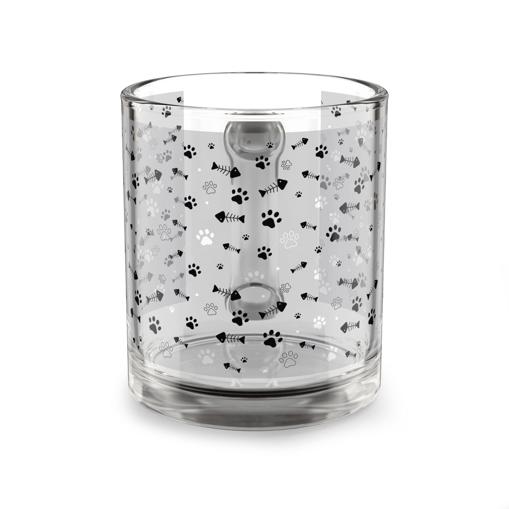 Clear glass mug with paw prints and fishbones all over print pattern.