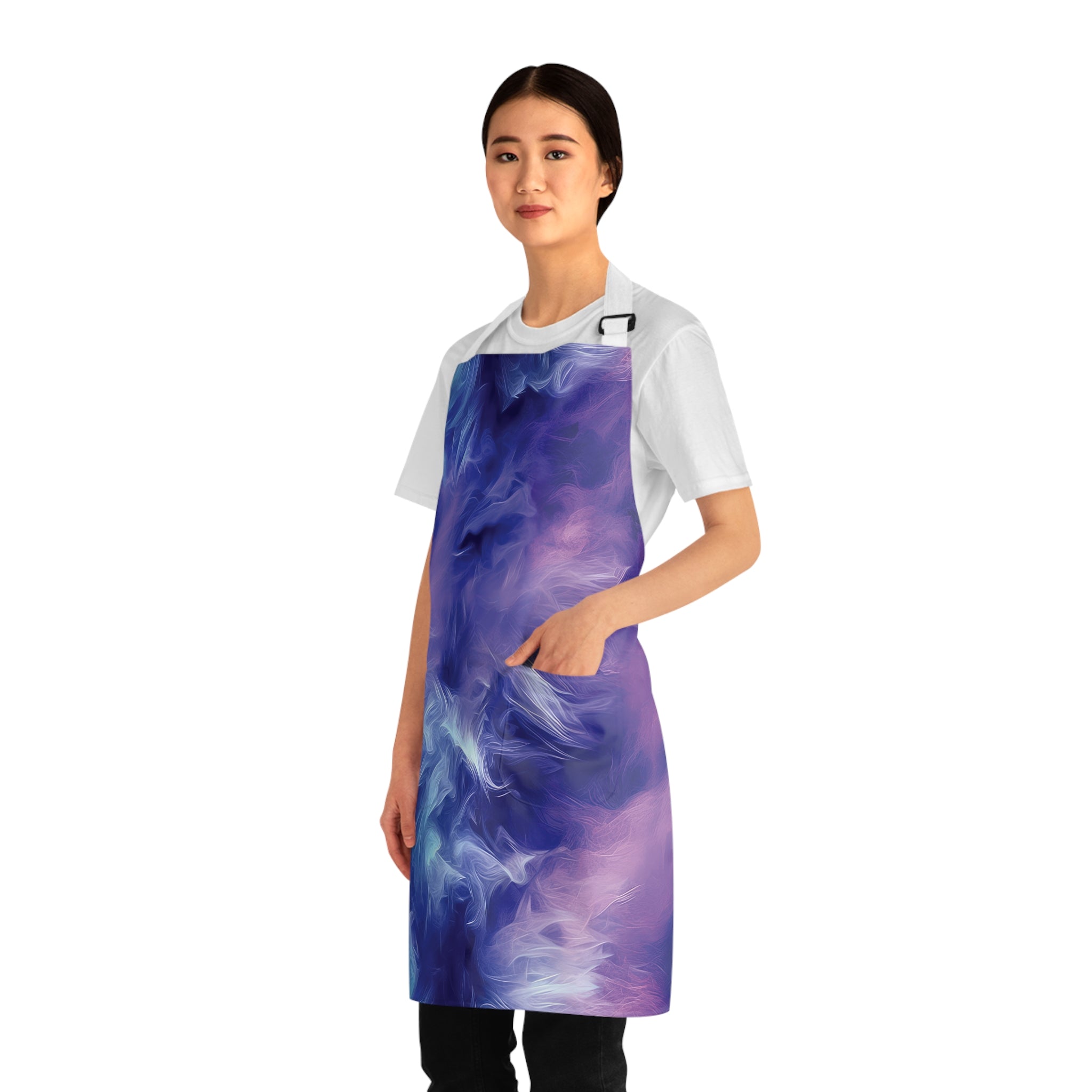 Model wearing a blue and purple abstract patterned apron