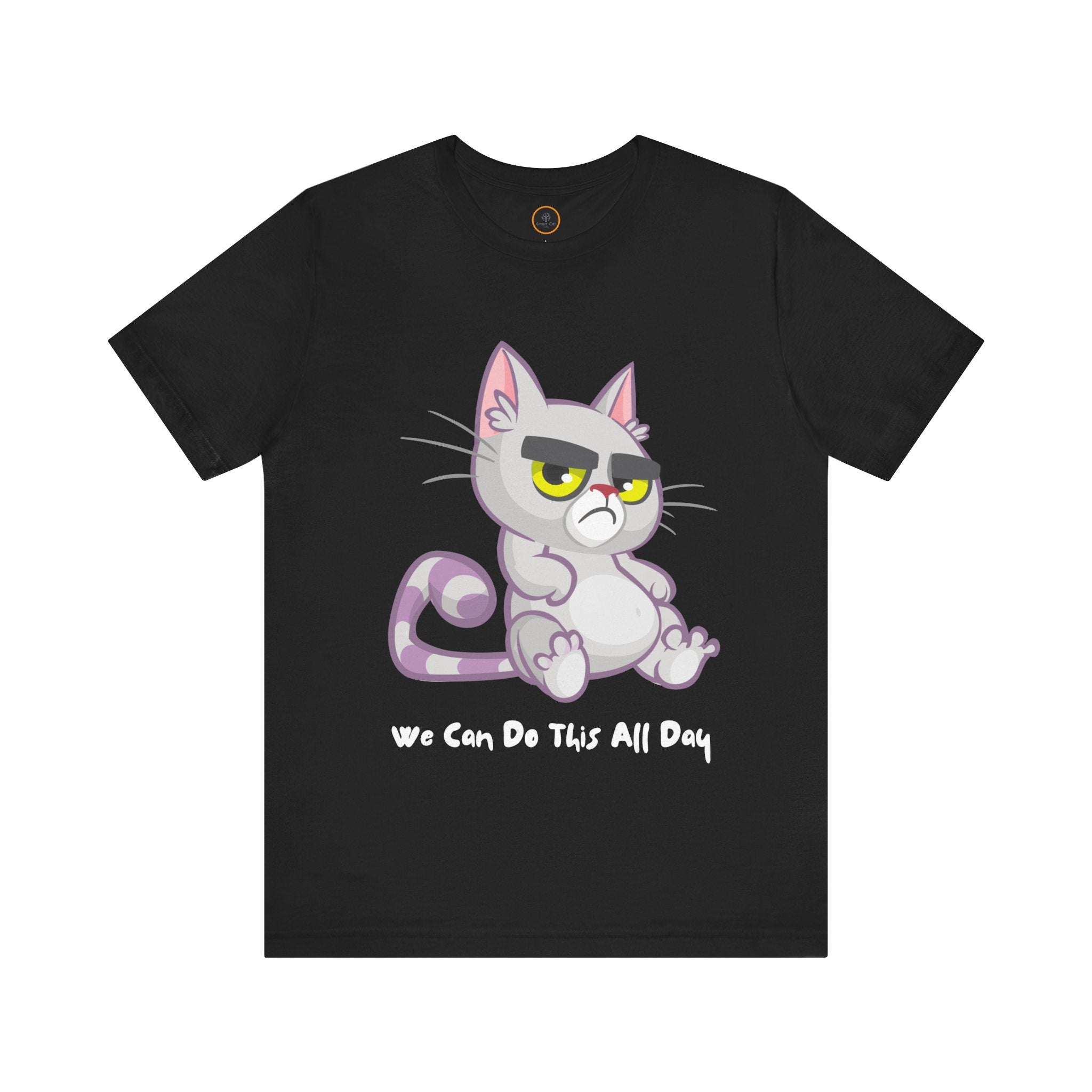 Graphic of a light purple, grumpy cat with big eyes and bushy eyebrows. The text below reads "We can do this all day" .