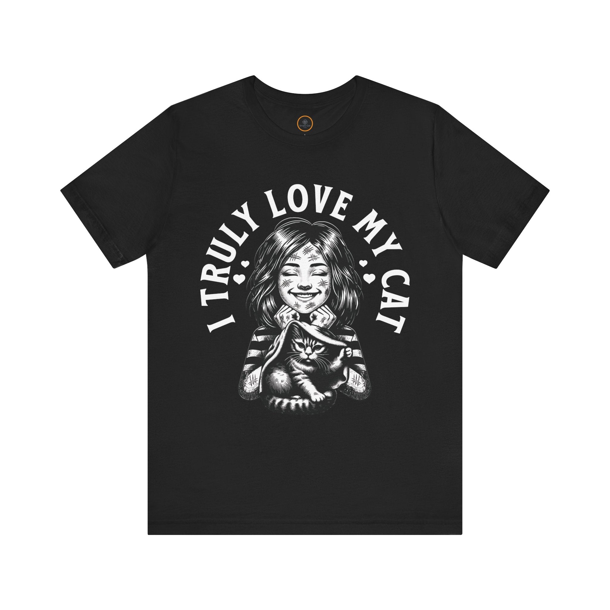 Humorous graphic tee design showing a smiling woman covered in cat scratches, with a smug cat nearby and hearts, above the text 'I Truly Love My Cat'."