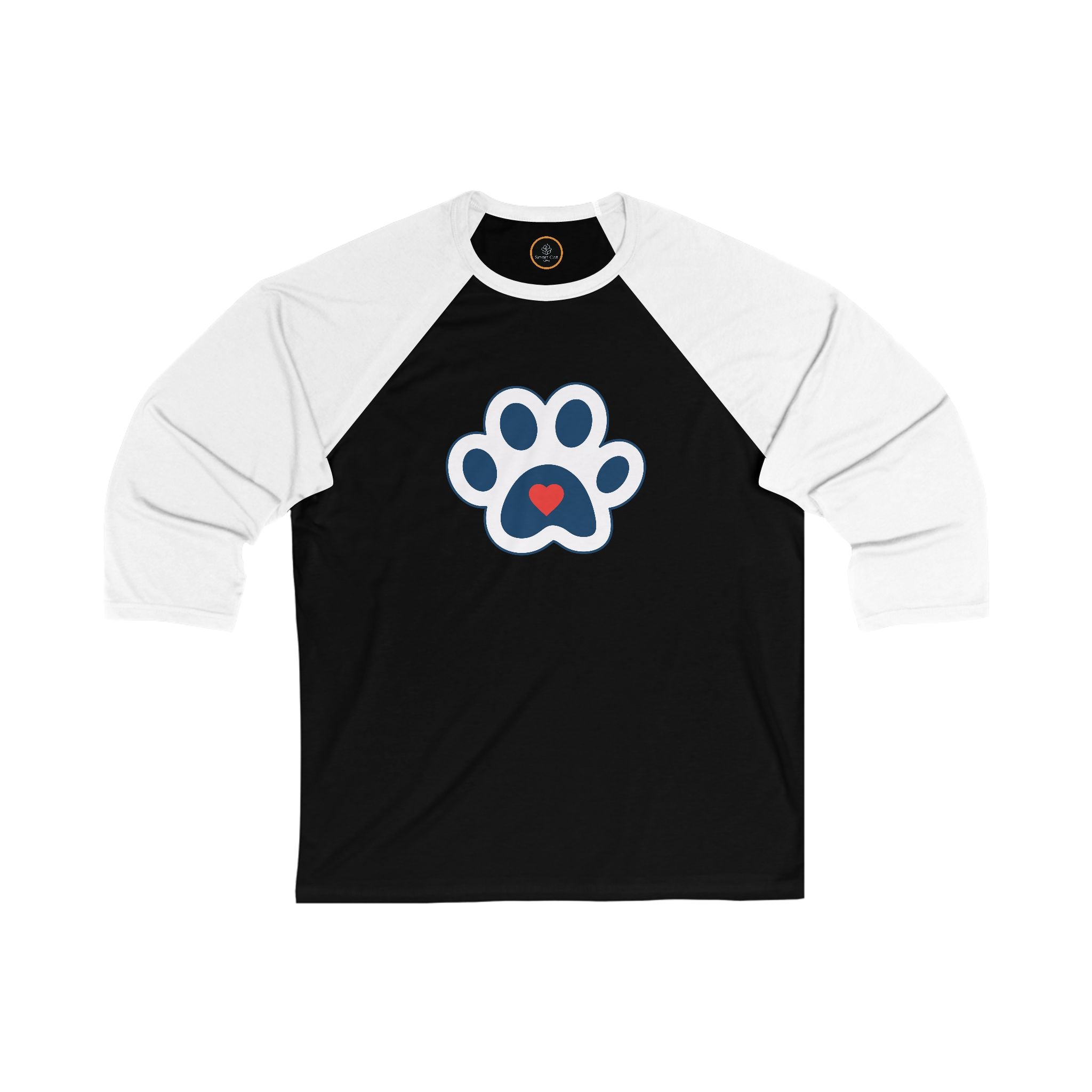 White and black Heart In Paw baseball Tee: Blue and white cat paw graphic with a red heart in the center.