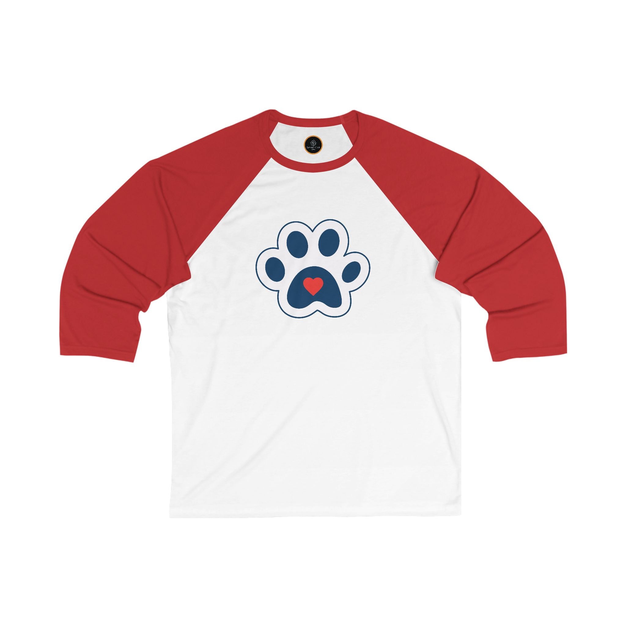 White and red Heart In Paw baseball Tee: Blue and white cat paw graphic with a red heart in the center.