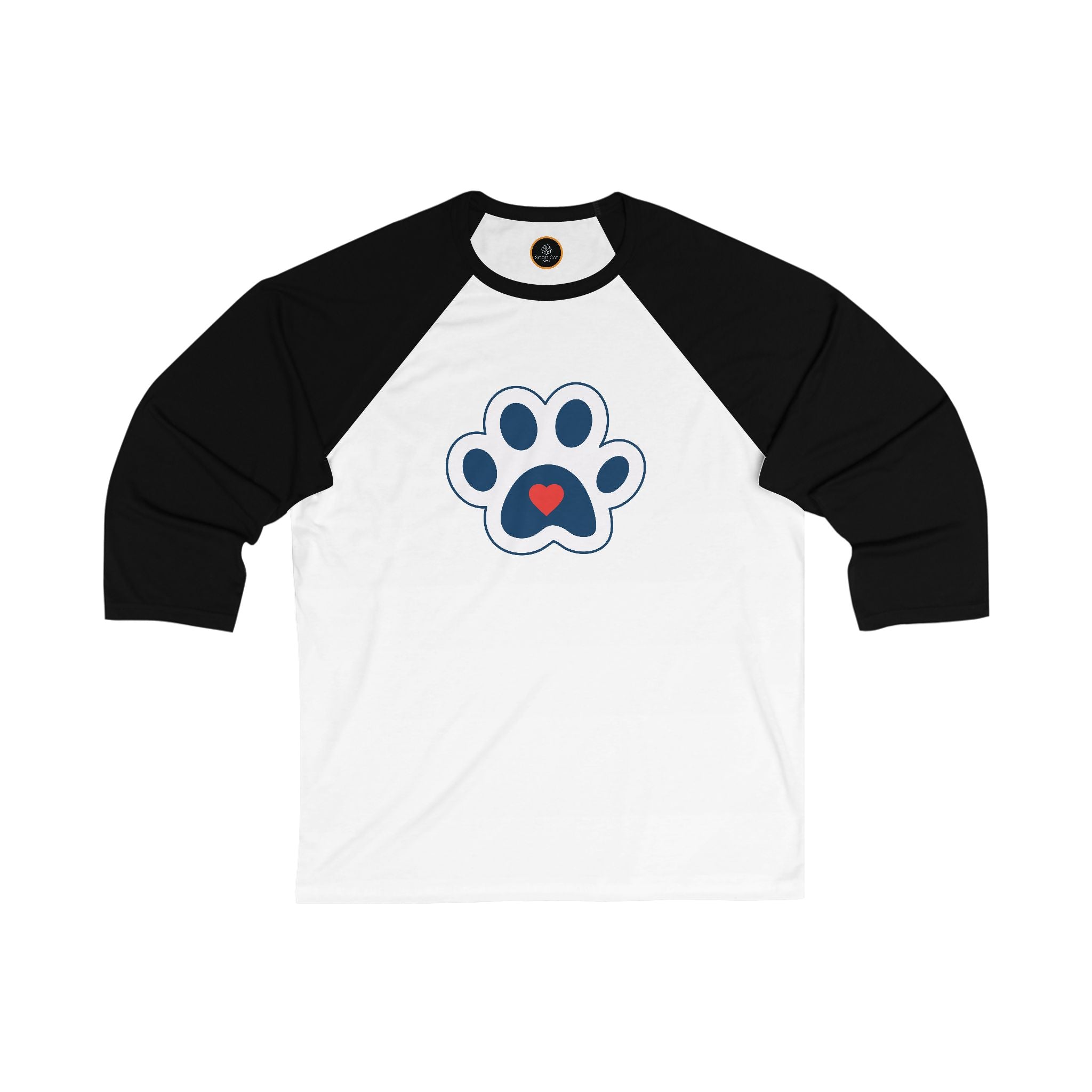 Black and white Heart In Paw baseball Tee: Blue and white cat paw graphic with a red heart in the center.