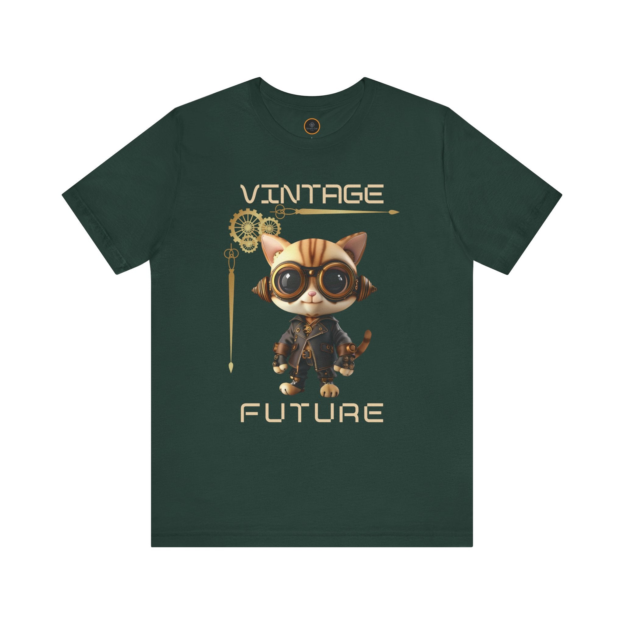 A graphic of a steampunk cat with goggles, half-framed by a border of gears. The word "Vintage" is written above the graphic, and "Future" is written below it.