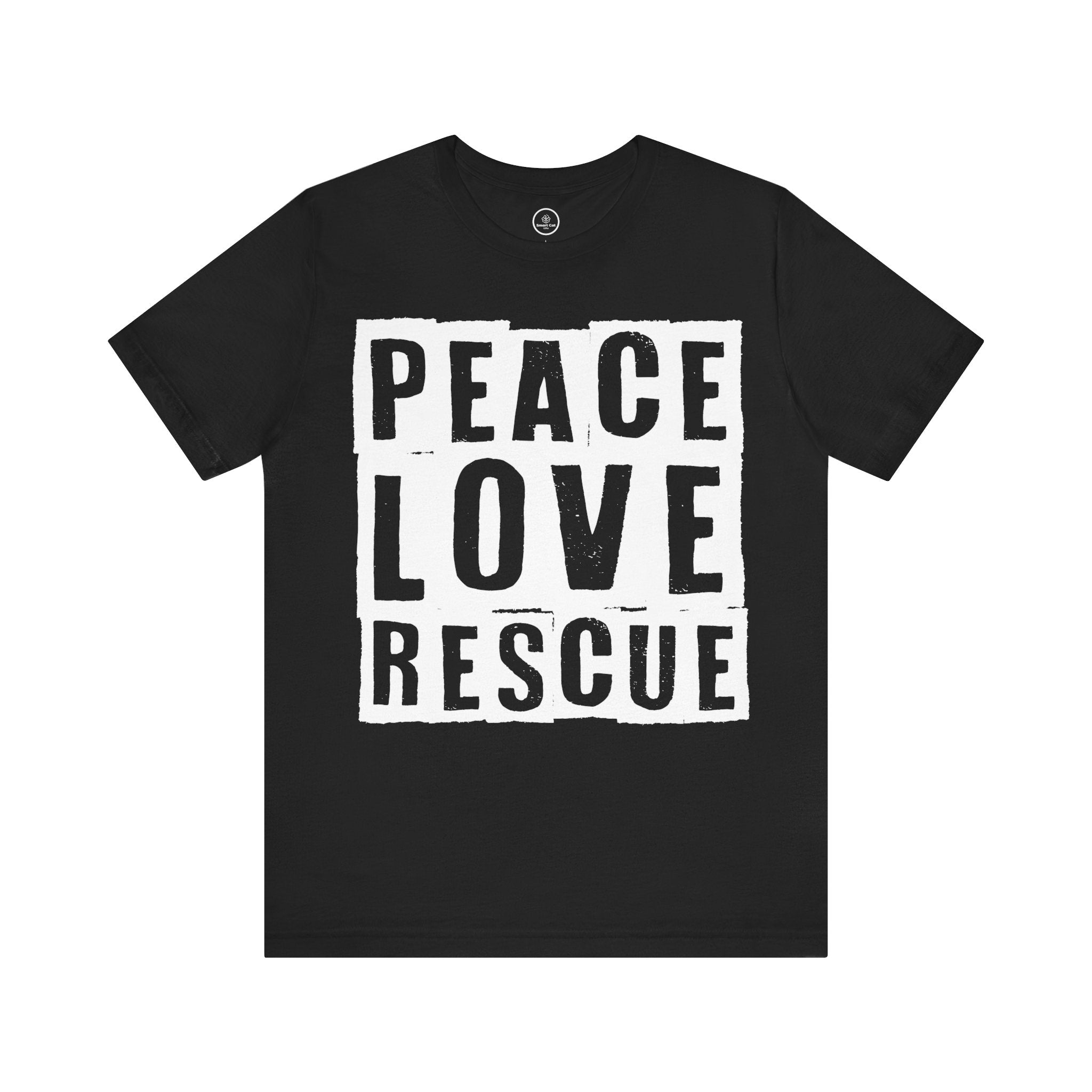 Black t-shirt, front view, white "Peace Love Rescue" text graphic, flat lay