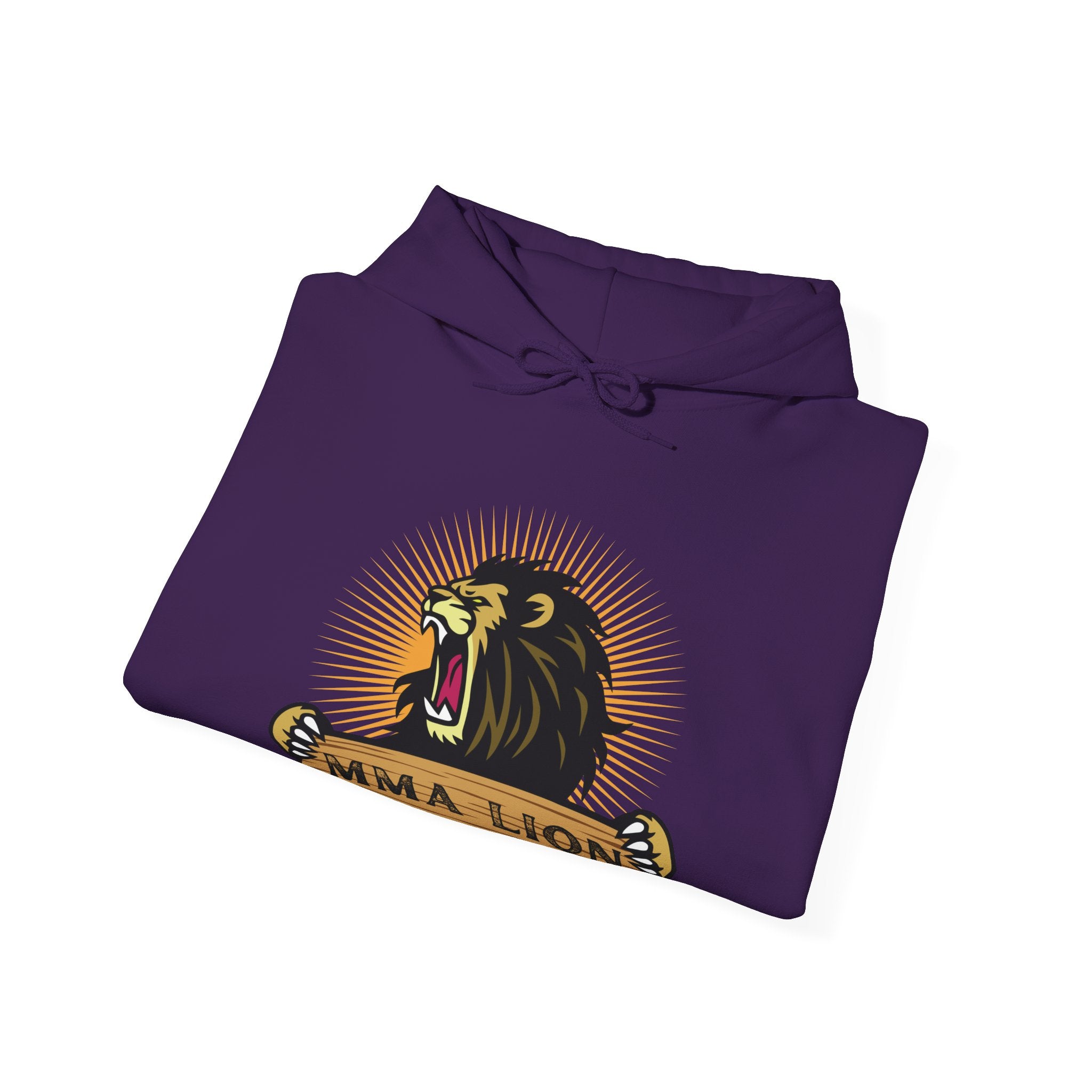 MMA Lion Hoodie: Features a graphic of a powerful, radiant, male lion roaring while appearing to stretch a wooden plank with "MMA Lion" written on it.