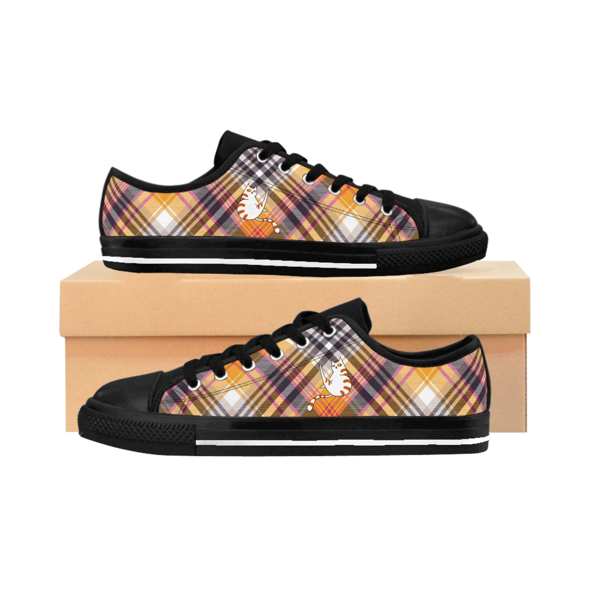 'Me Time with Barry' men's sneakers: orange plaid all-over print, graphic of self-grooming cat on side.