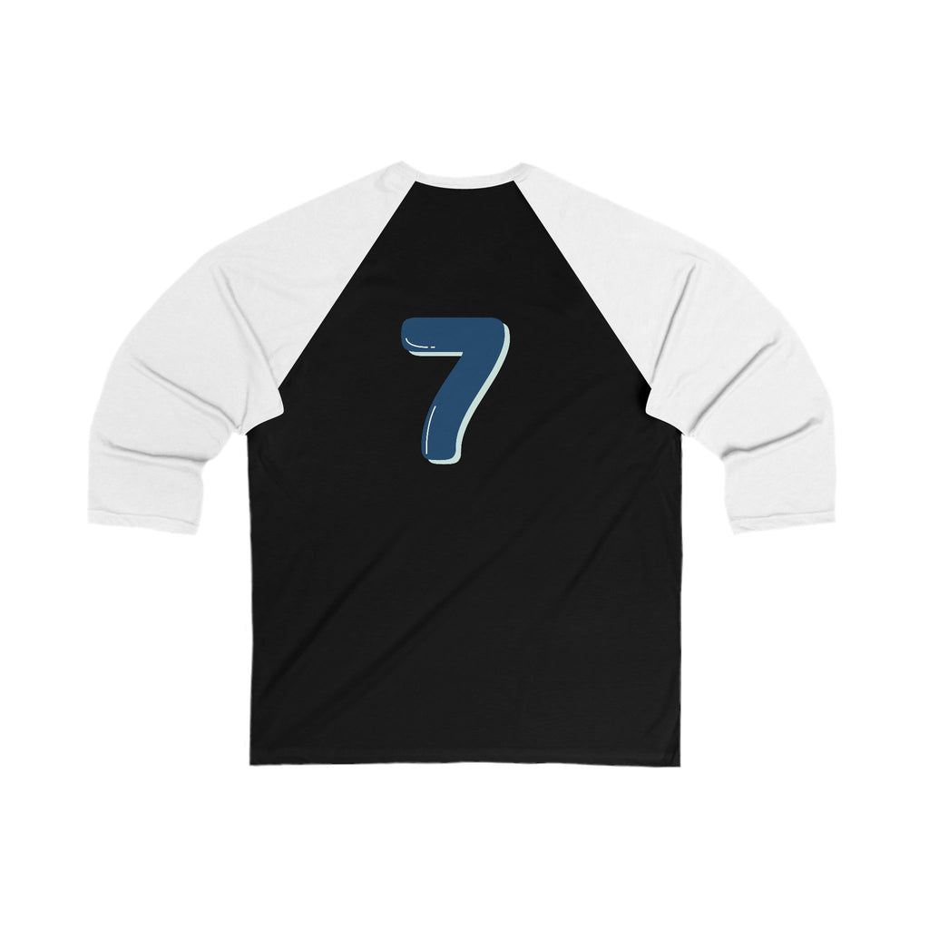 Back view of the white and black Heart In Paw baseball Tee: Featuring a blue and gray number seven graphic.